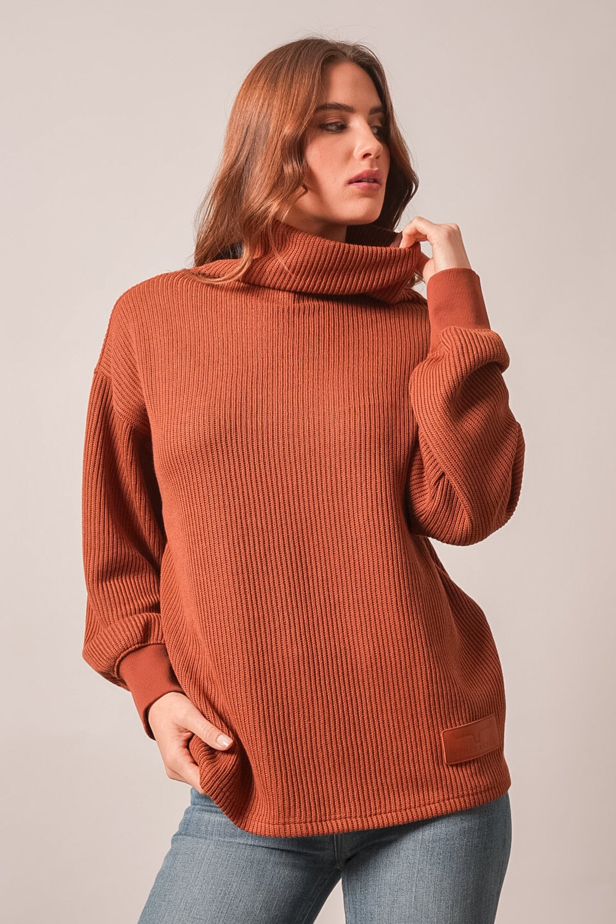 Kimes Ranch Maren sweatshirt in burnt red with a wide ribbed turtleneck, long sleeves, and a logo patch on the front hem