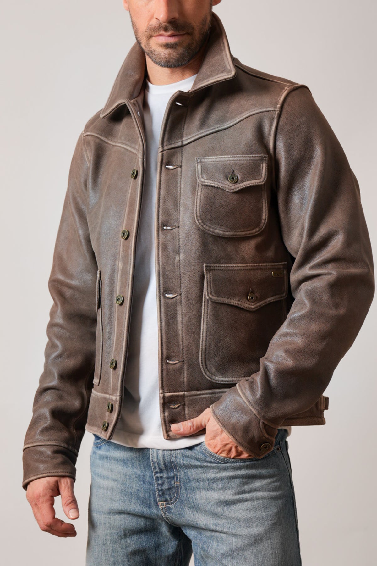 Kimes Ranch Oakmont brown leather jacket, stand collar, two front flap pockets, button front