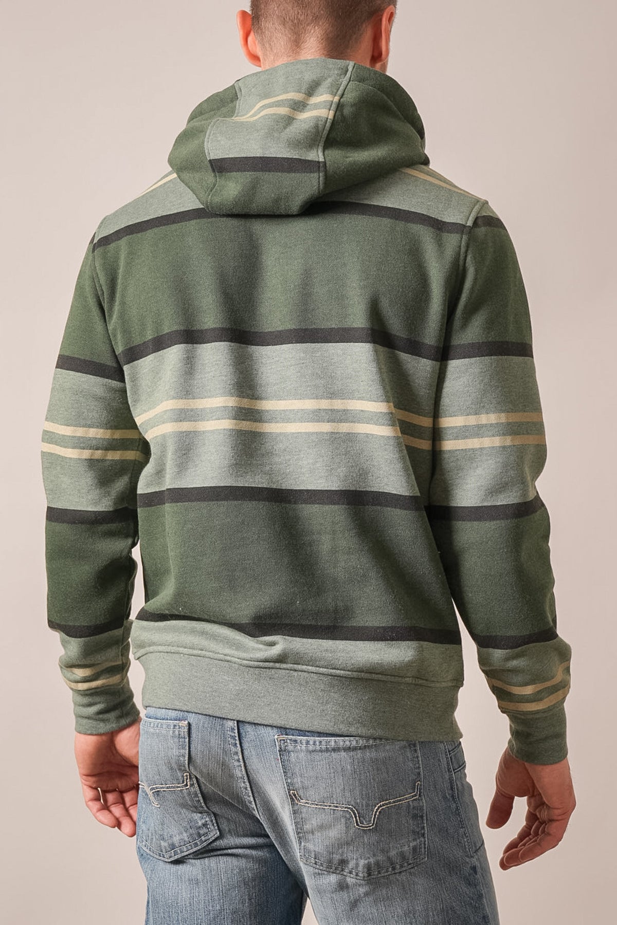 Kimes Ranch Owen hoodie in Forest featuring horizontal dark and light stripes on the back
