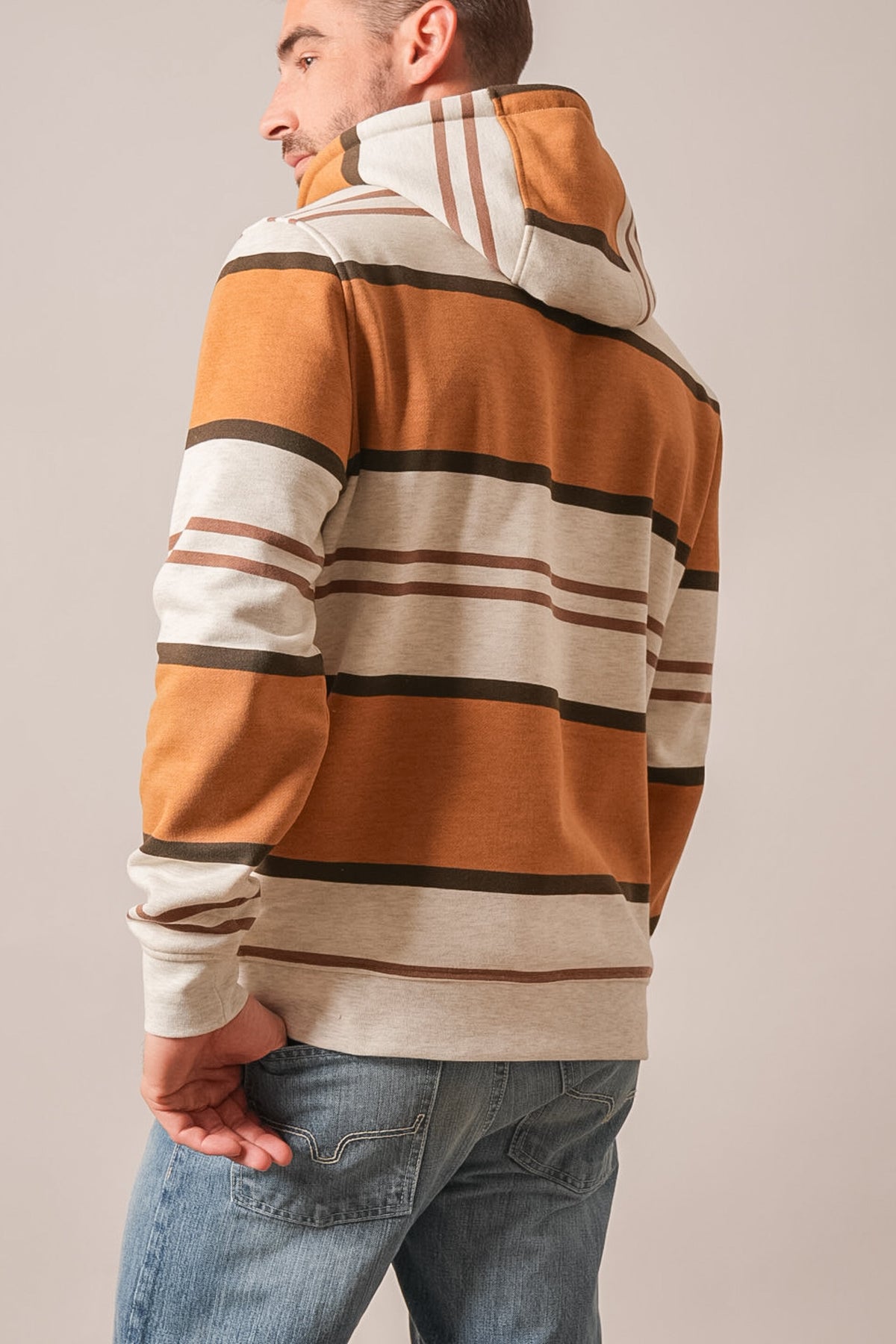 Kimes Ranch Owen hoodie in natural with brown and mustard horizontal stripes on back