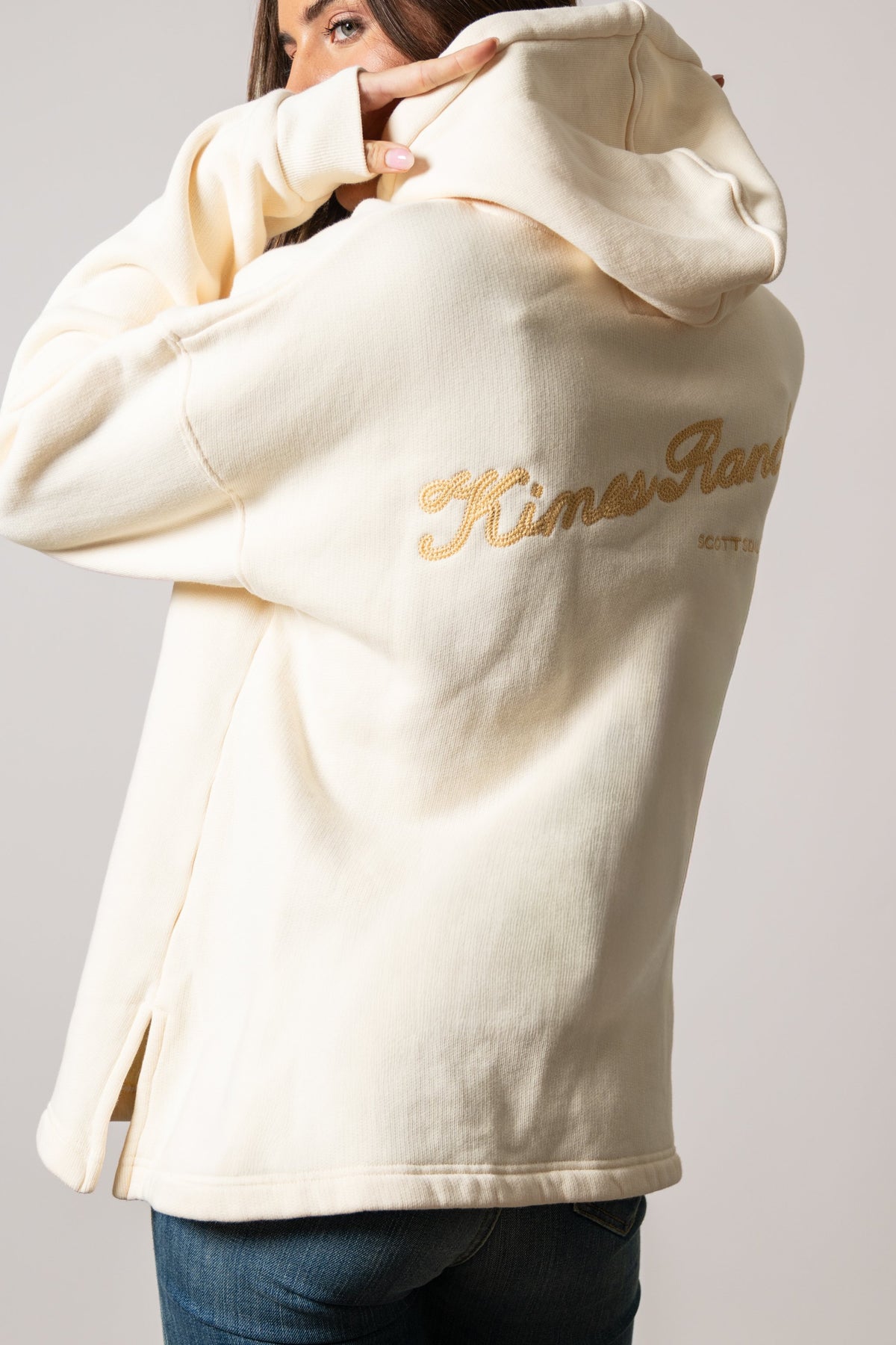 Kimes Ranch Pippi hoodie in Natural with embroidered script logo on back and side slits