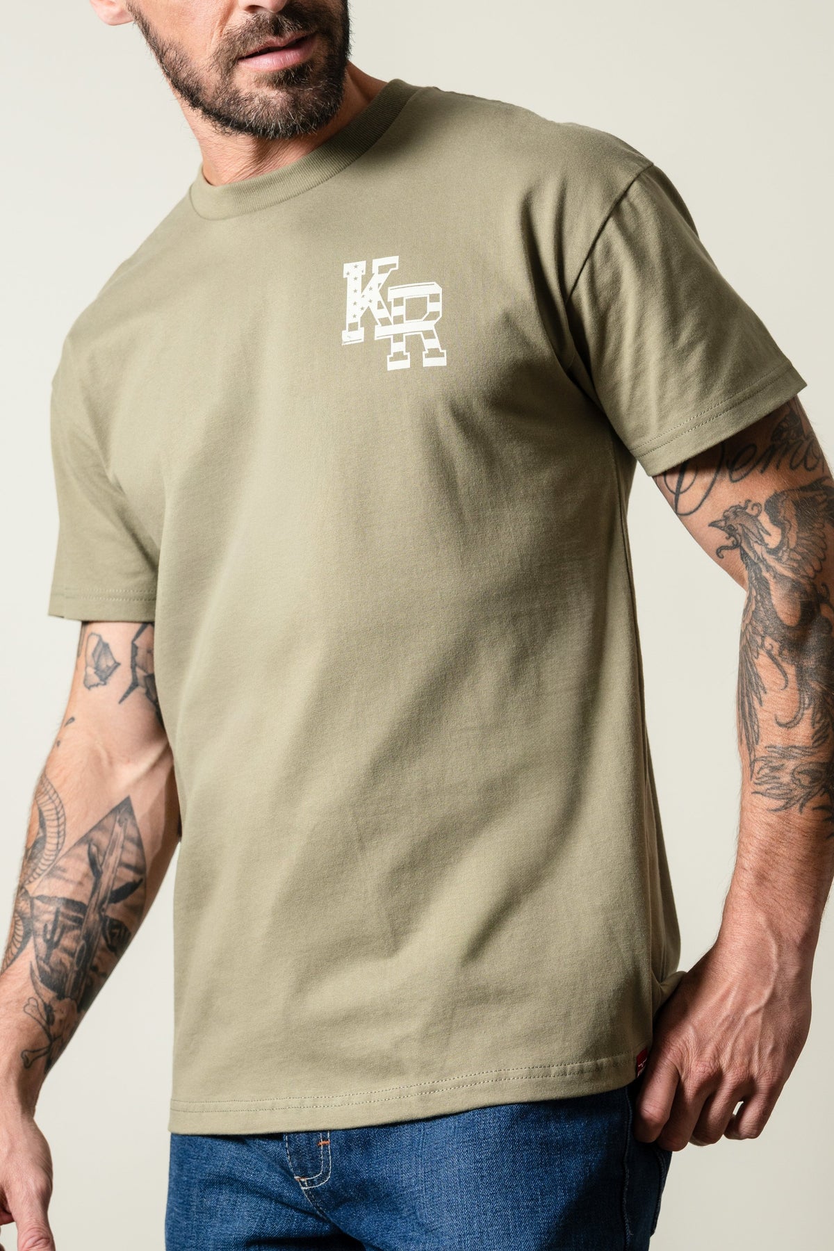 Kimes Ranch Red Glare shirt in Light Olive with white Kimes Ranch logo at front