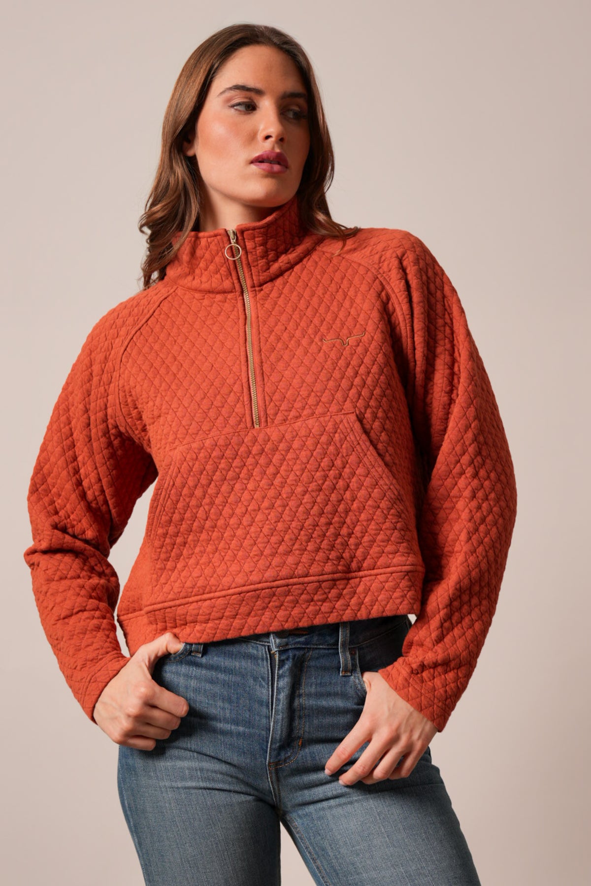 Kimes Ranch Rita quilted sweatshirt in Burnt Red with half-zip and long sleeves