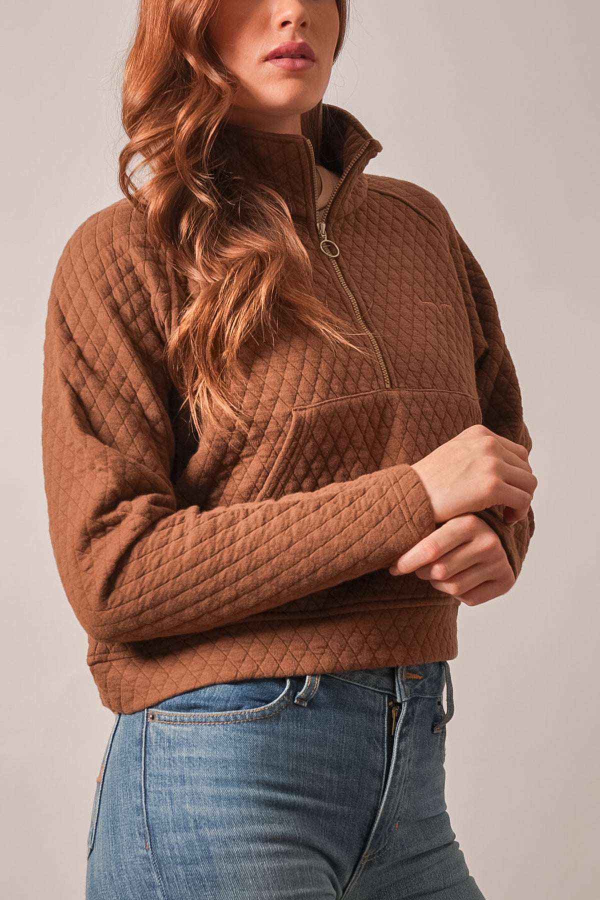 Kimes Ranch Rita dark brown quilted sweatshirt long sleeve quarter zip front kangaroo pocket