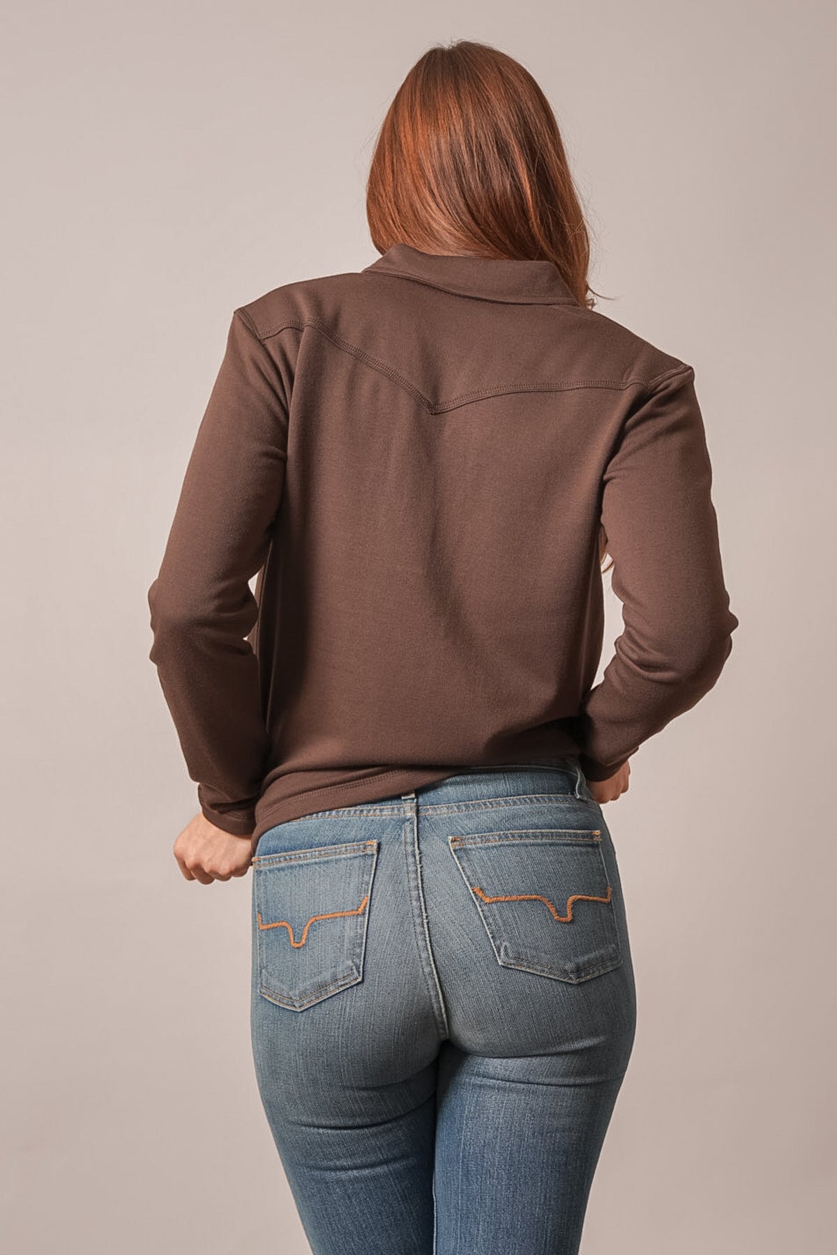 Kimes Ranch Riva Espresso sweatshirt shown from the back with long sleeves and yoke stitching
