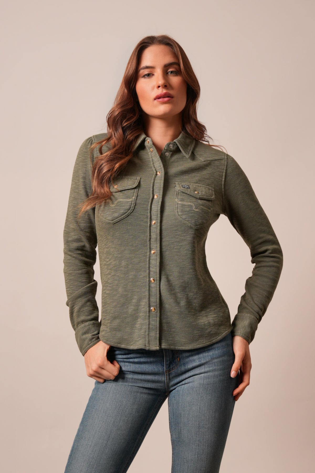 Kimes Ranch Rora long sleeve button front top in Moss with chest pockets and Kimes Ranch logo