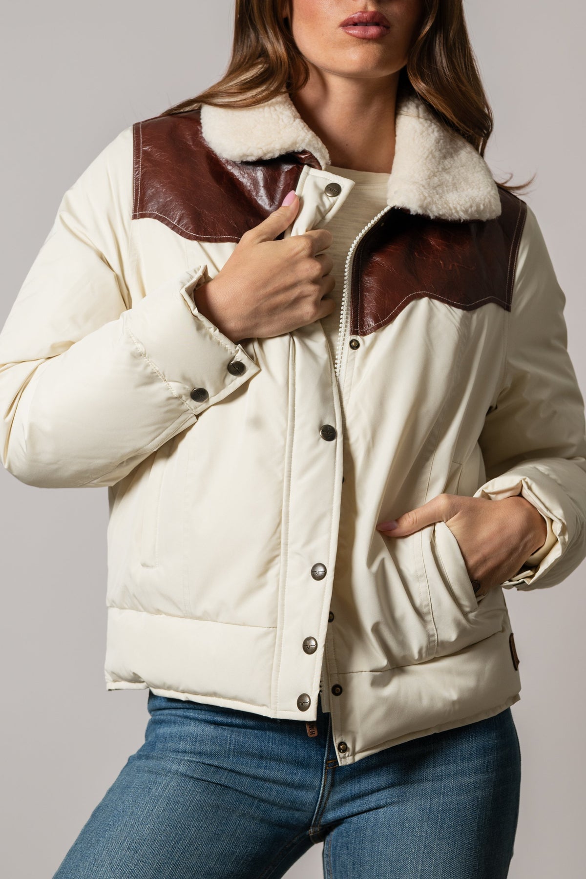 Kimes Ranch Sierra Jacket in Natural, faux shearling collar, brown yoke, button front, long sleeves