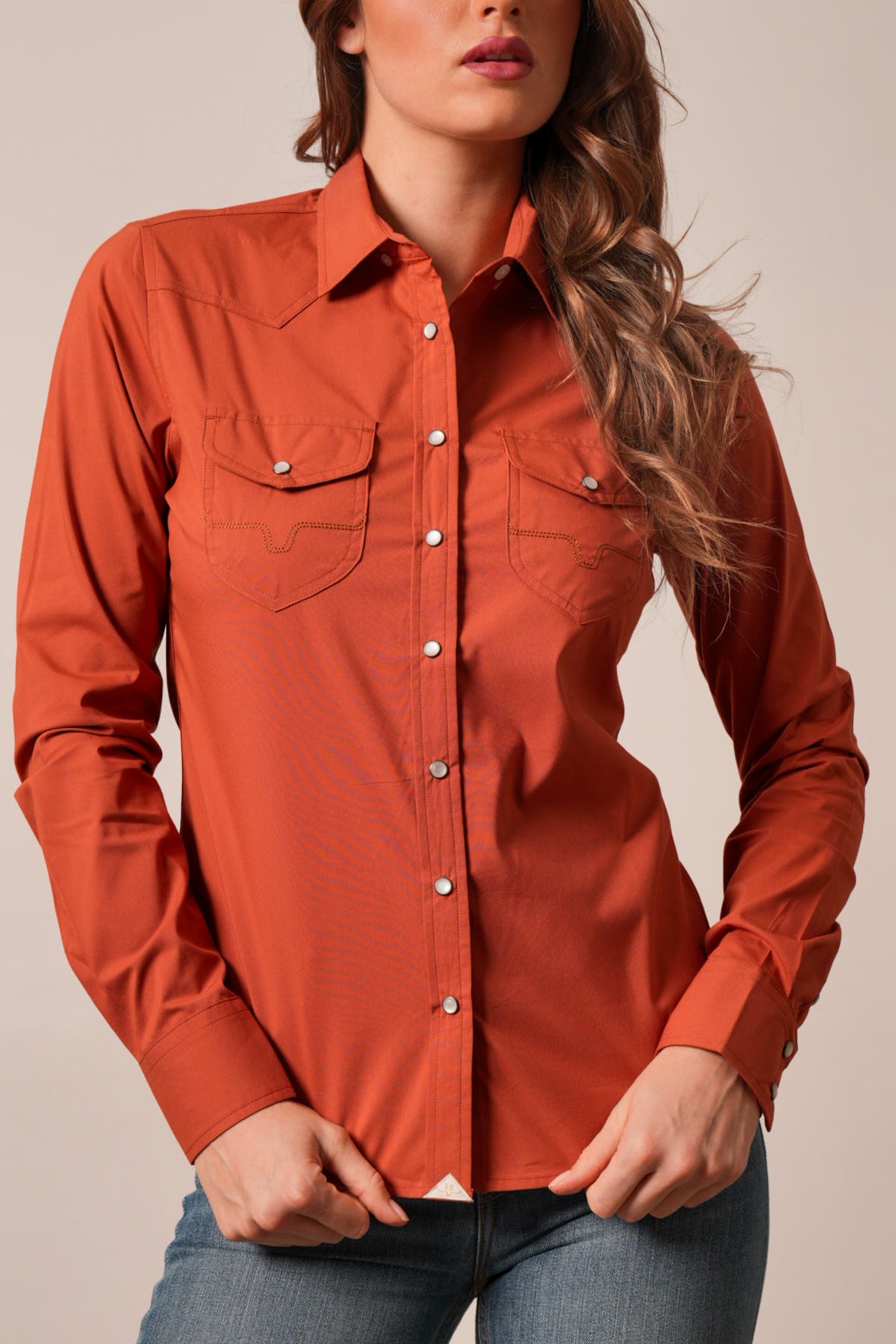 Kimes Ranch Skeeter long sleeve Burnt Red shirt with chest pockets, yoke stitching, and pearl snaps