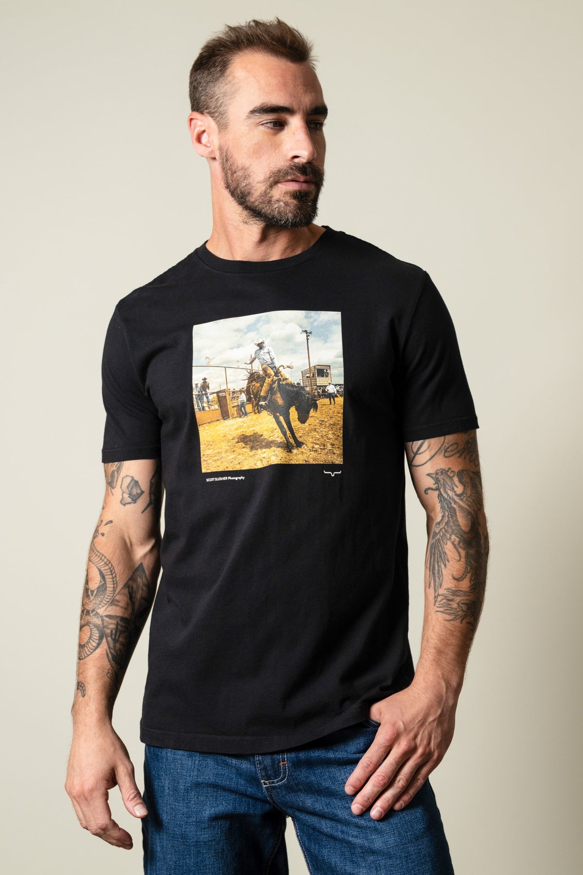 Kimes Ranch SS Classic Event black crewneck tee with rodeo graphic, Scott Bulmer Photography credit and Kimes Ranch logo