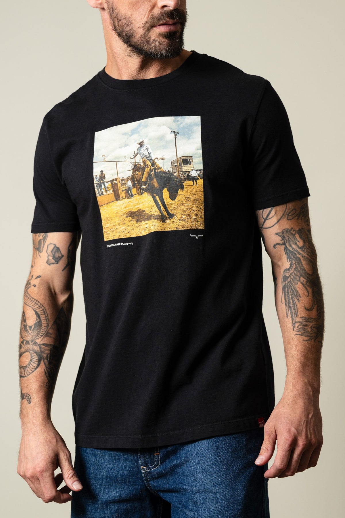 Kimes Ranch SS Classic Event black short sleeve shirt with a rodeo photo graphic print