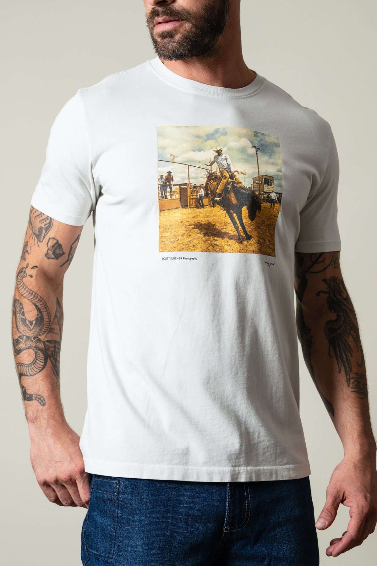 Kimes Ranch SS Classic Event short sleeve t-shirt in natural with a rodeo graphic and Scott Slusher Photography text