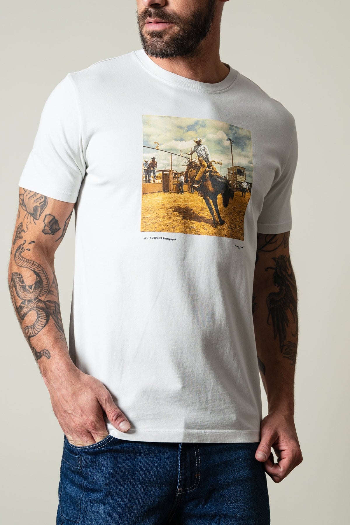 Kimes Ranch SS Classic Event Natural shirt with rodeo graphic, "Scott Slusher Photography" text, Kimes Ranch logo