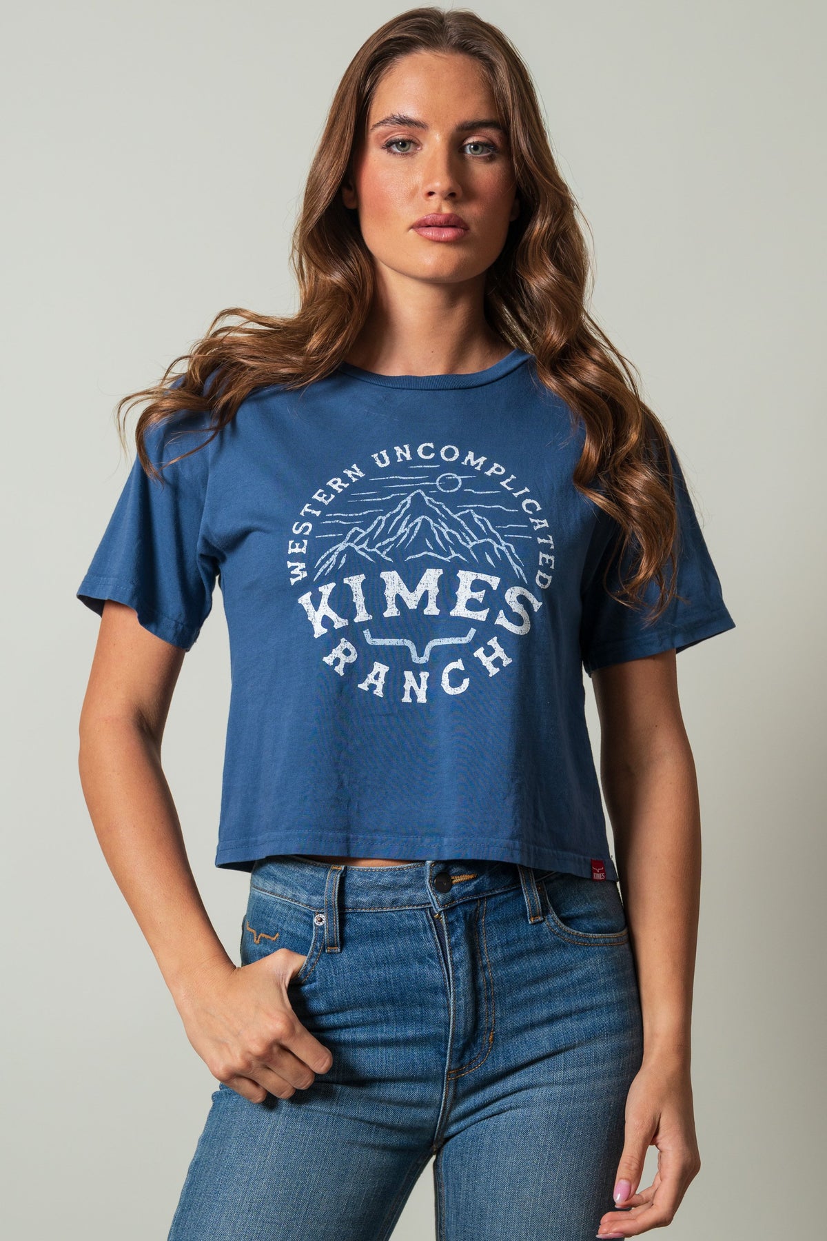 Kimes Ranch The Pass cropped dark blue tee with white mountains and Western Uncomplicated Kimes Ranch graphic