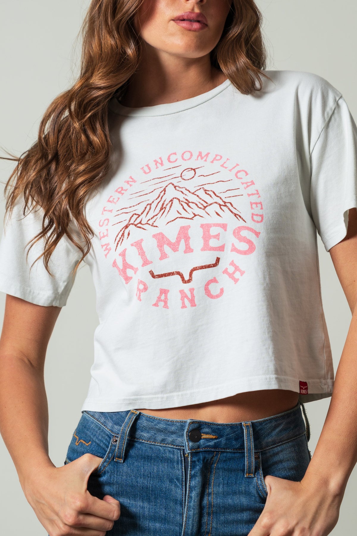 Kimes Ranch The Pass natural crewneck shirt with Western Uncomplicated Kimes Ranch mountain graphic