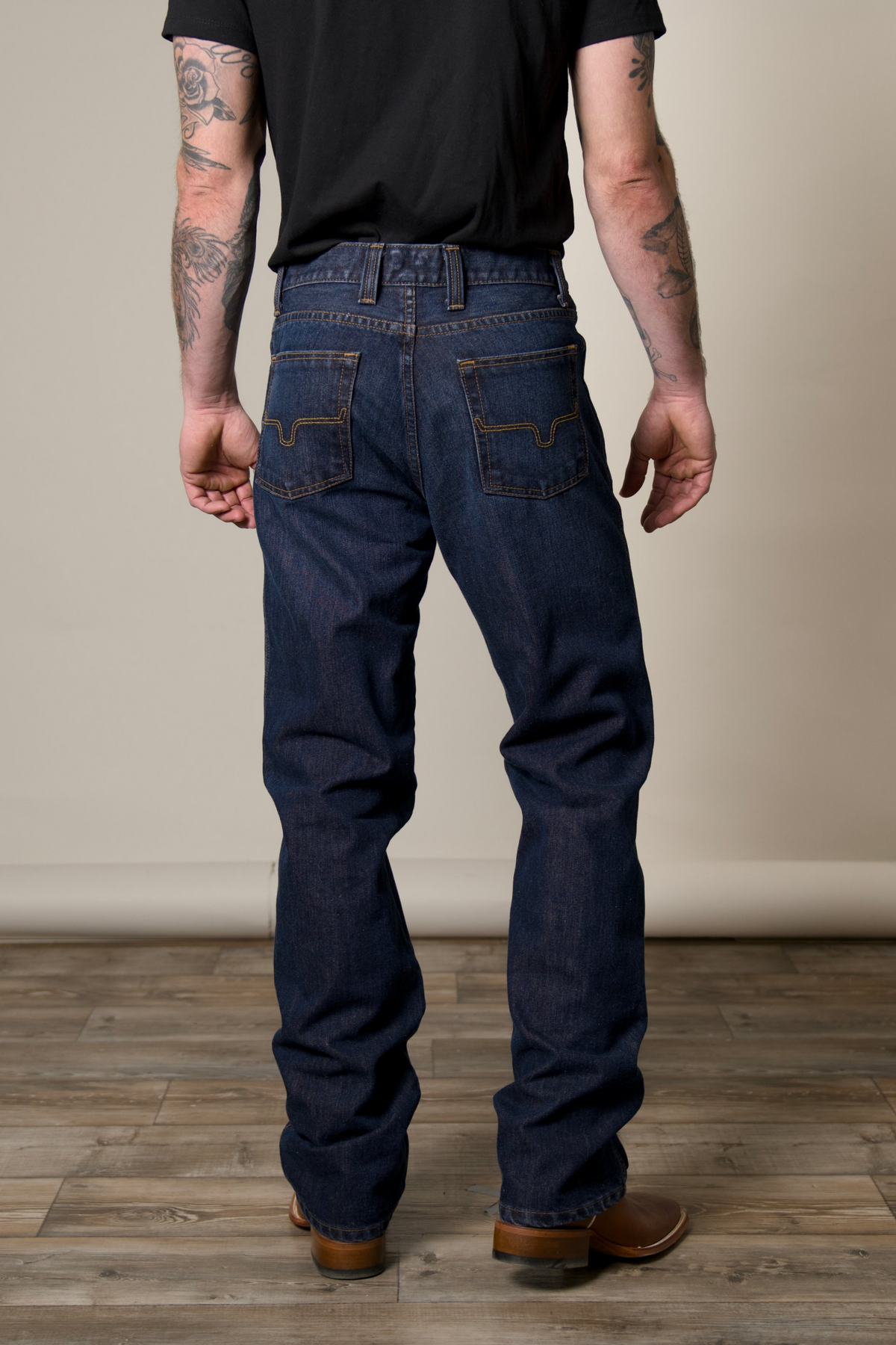 Kimes Ranch Watson jeans in Dark Wash, back view, with contrast stitching and back pockets