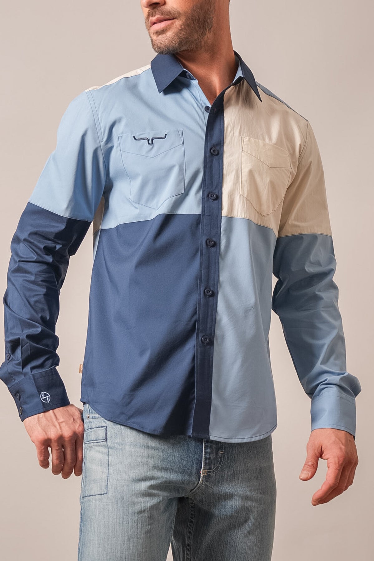 Kimes Ranch ZT Block Party shirt with color block mid blue, tan, and navy, two chest pockets, and logo