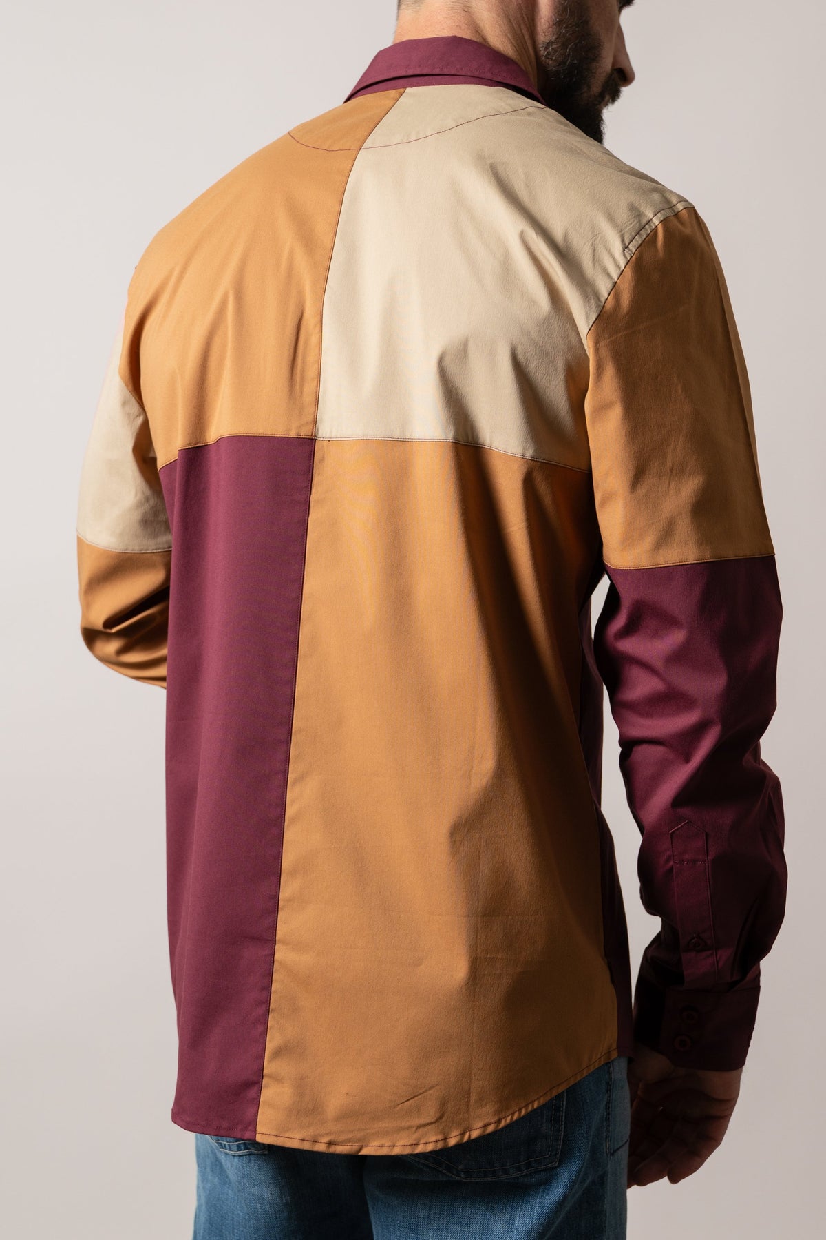 Kimes Ranch ZT Block Party men's dress shirt, colorblock back panel in Work Wear Brown, mustard yellow, and burgundy