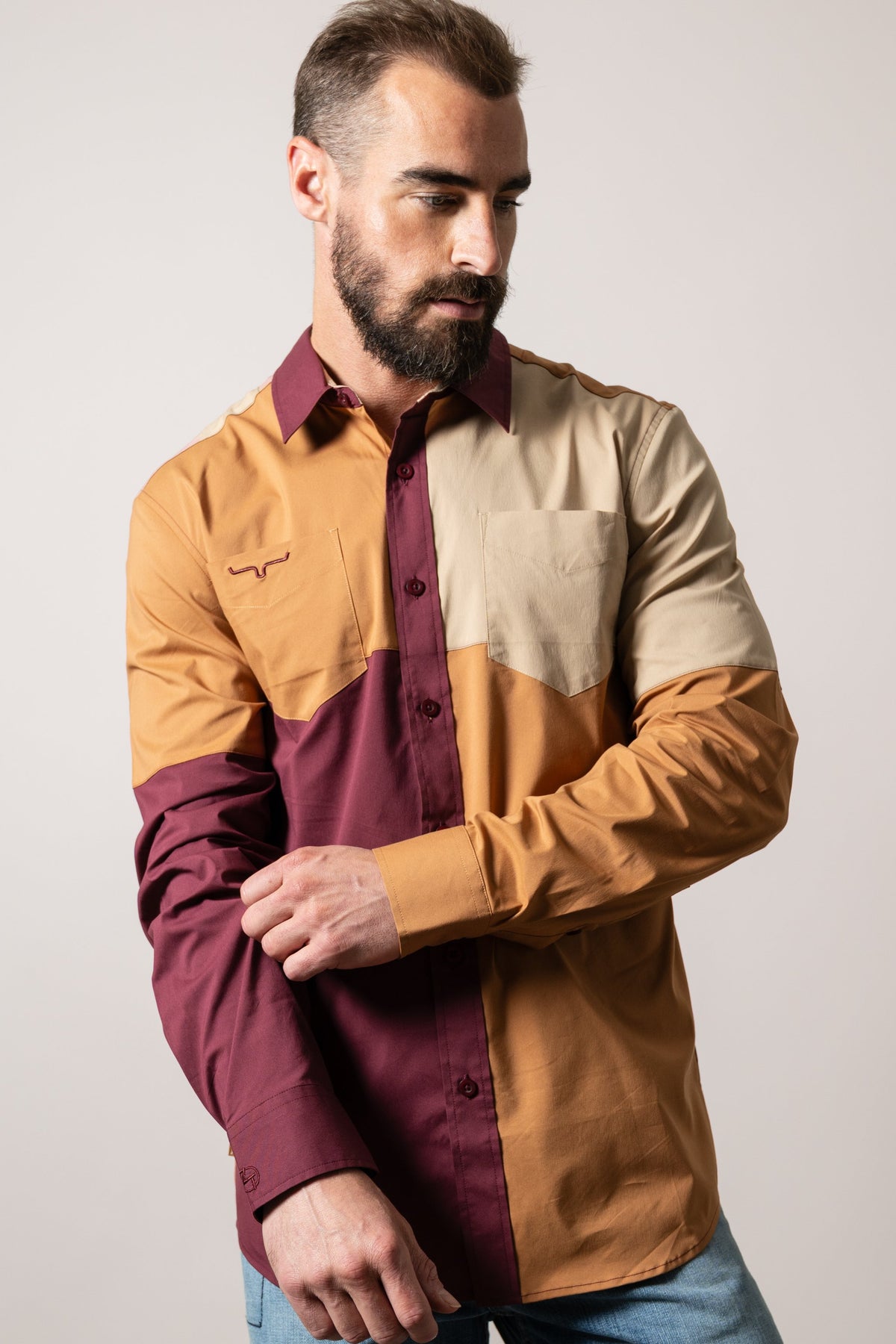 Kimes Ranch ZT Block Party dress shirt in Work Wear Brown with color block design, chest pockets, and long sleeves