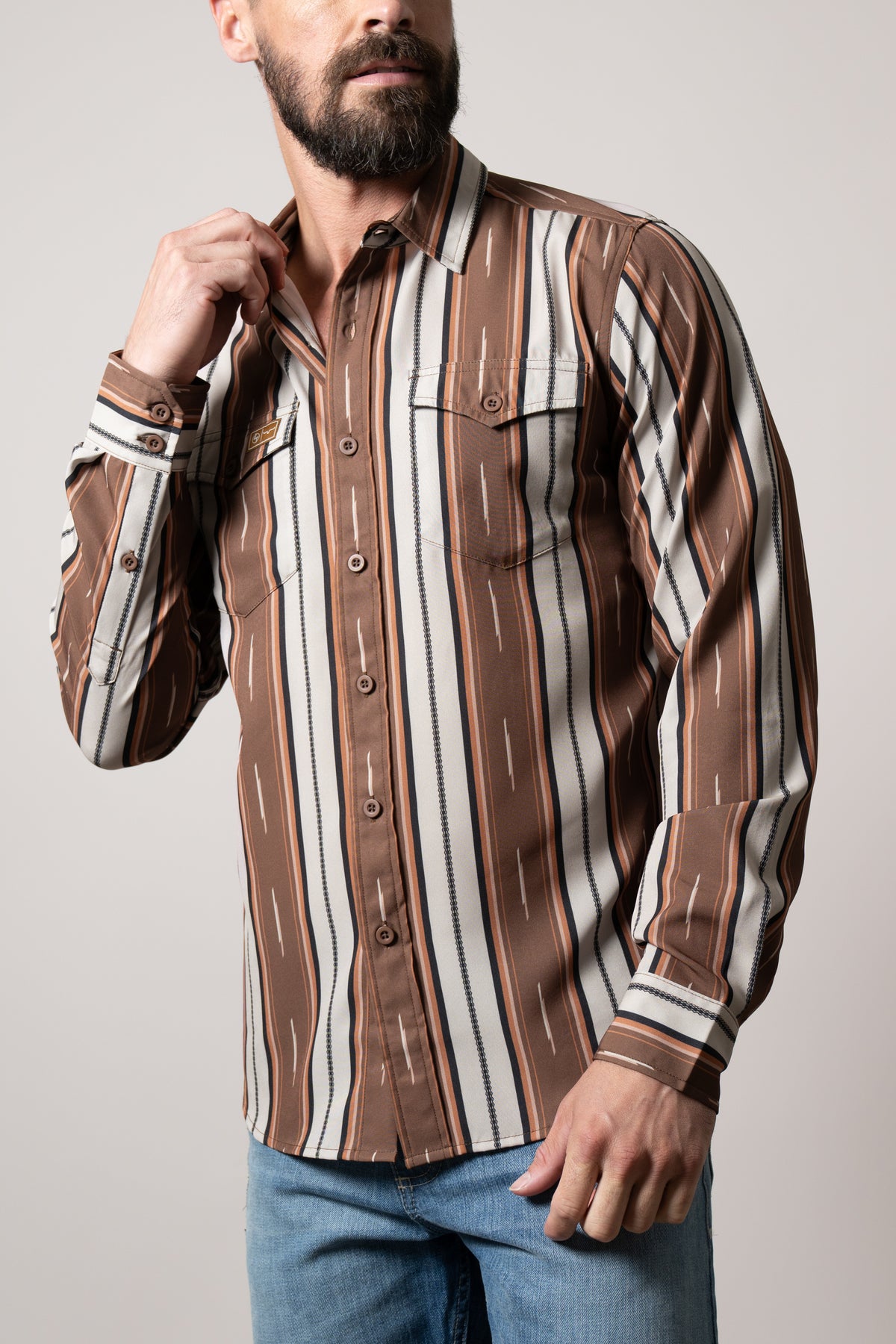 Kimes Ranch ZT Hickory brown dress shirt with vertical stripes, button front, and two chest pockets