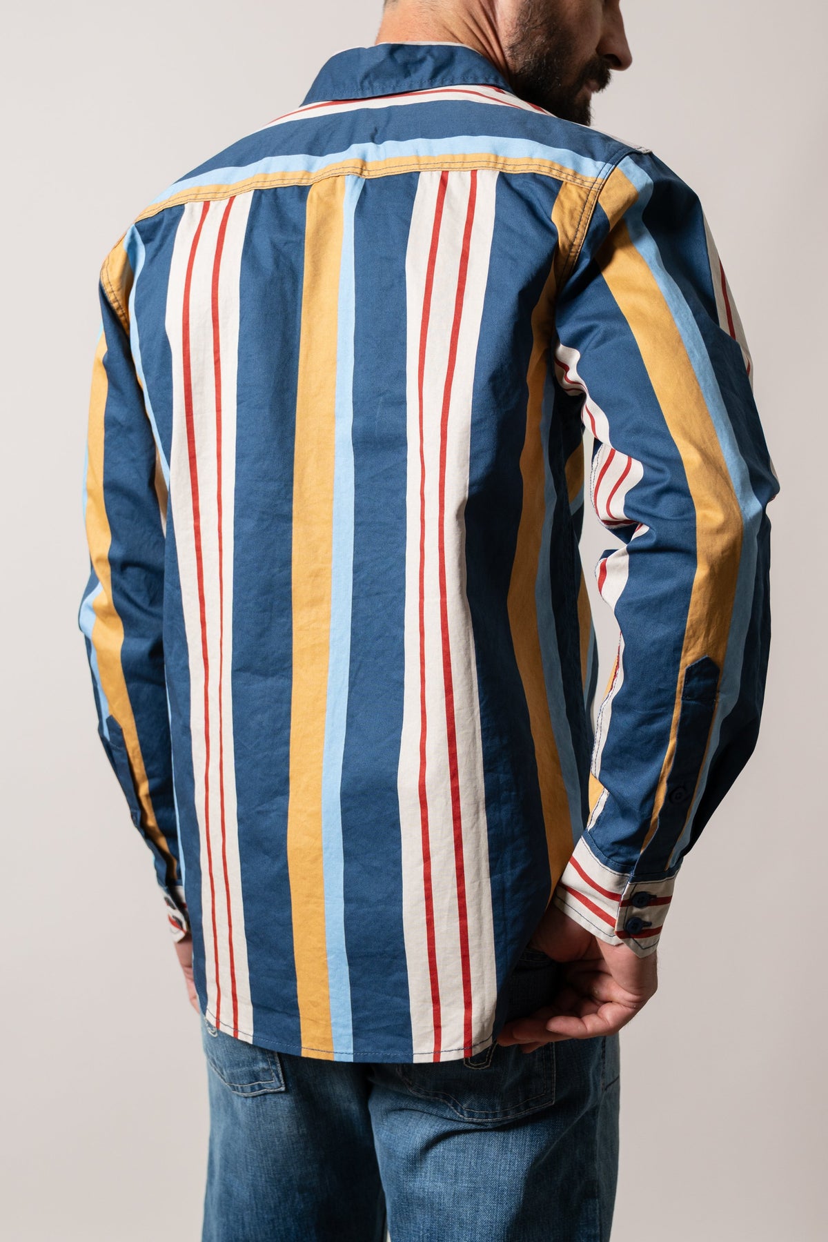 Kimes Ranch ZT Noxx long-sleeve dress shirt with vertical blue, white, yellow, and red stripes
