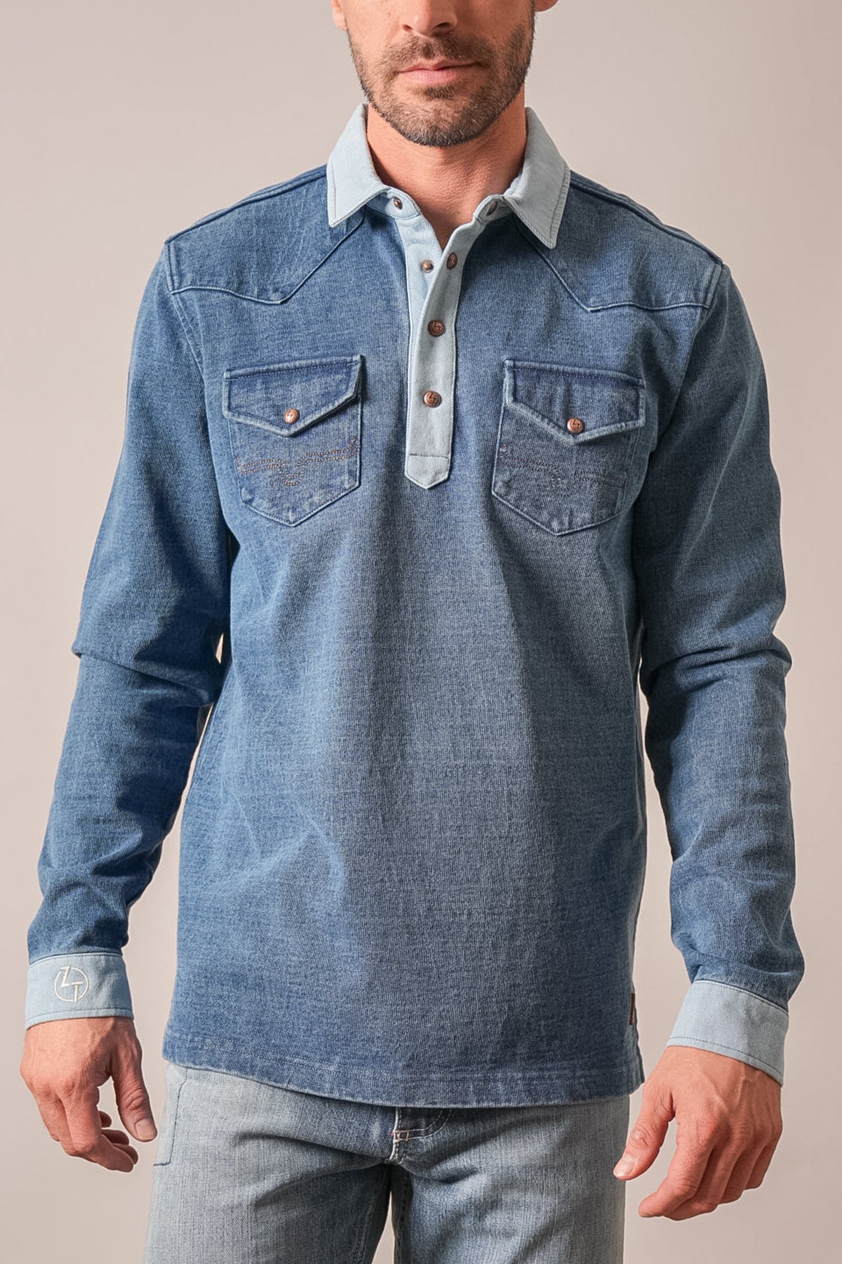 Kimes Ranch ZT Rugger indigo long sleeve polo with contrast collar, chest pockets, and western yoke