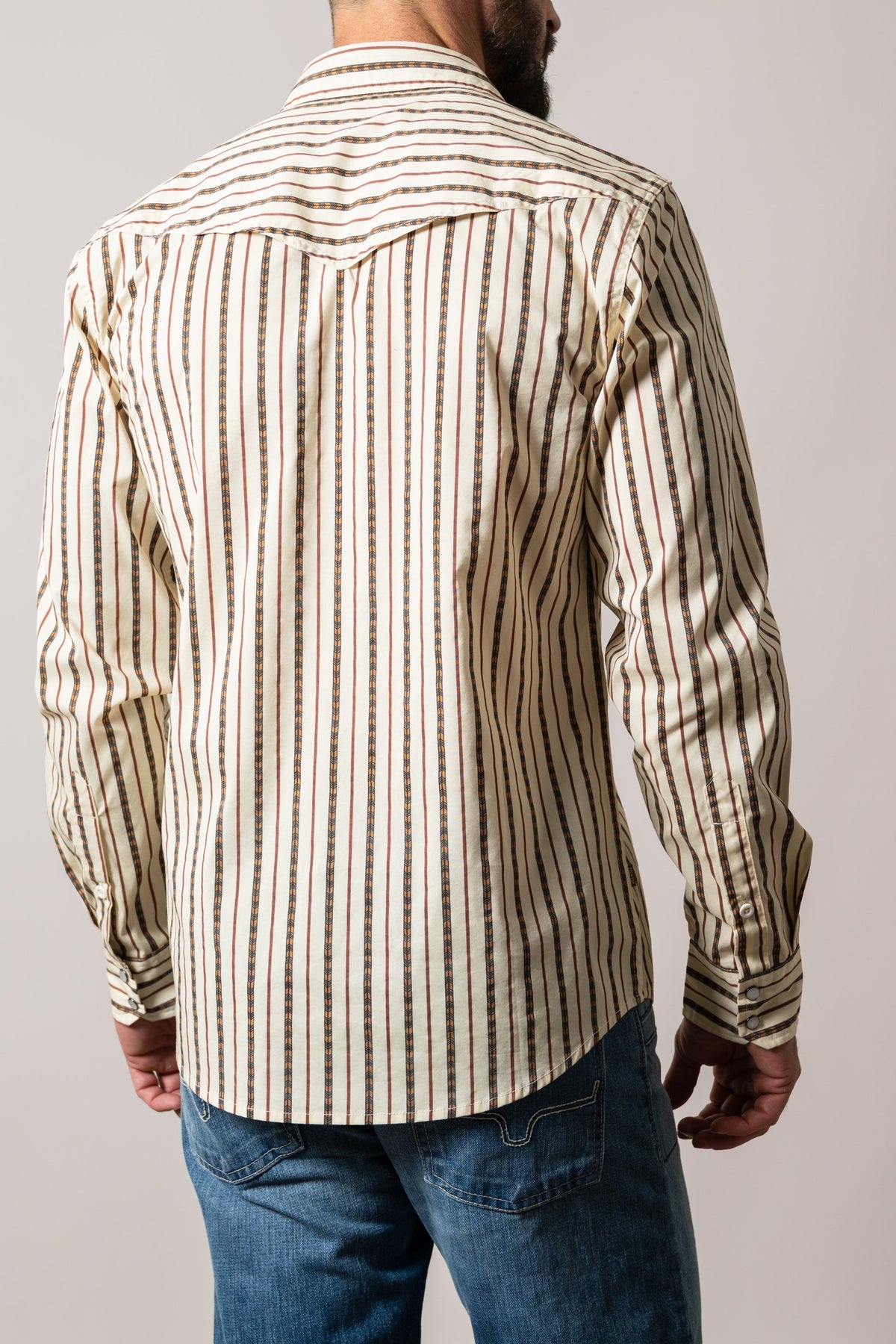 Kimes Ranch ZT Solano dress shirt, Natural, back view with vertical stripes, yoke, and long sleeves