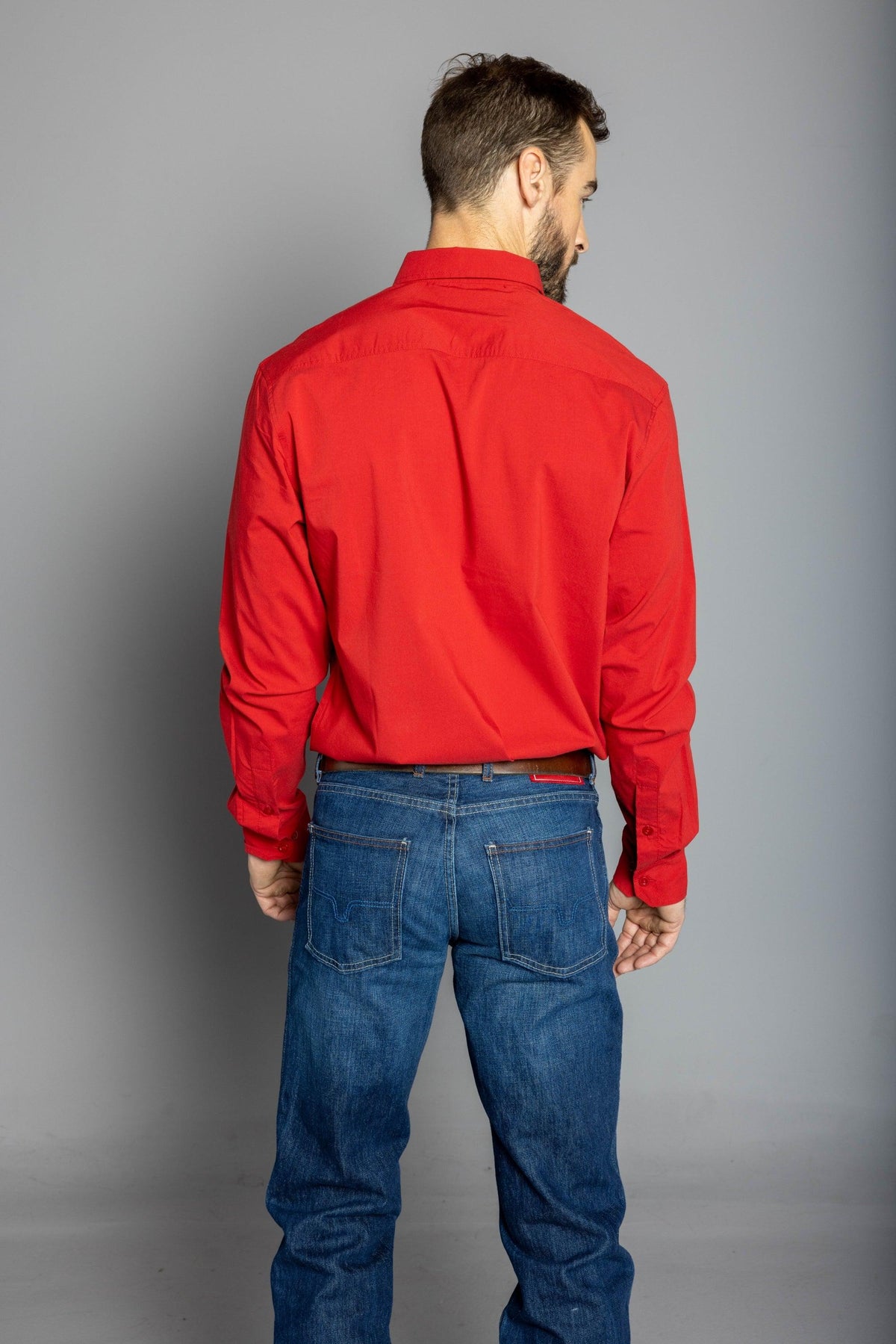 Kimes Ranch KR Team Dress Shirt (Long) in Red, back view, with a back yoke and long sleeves