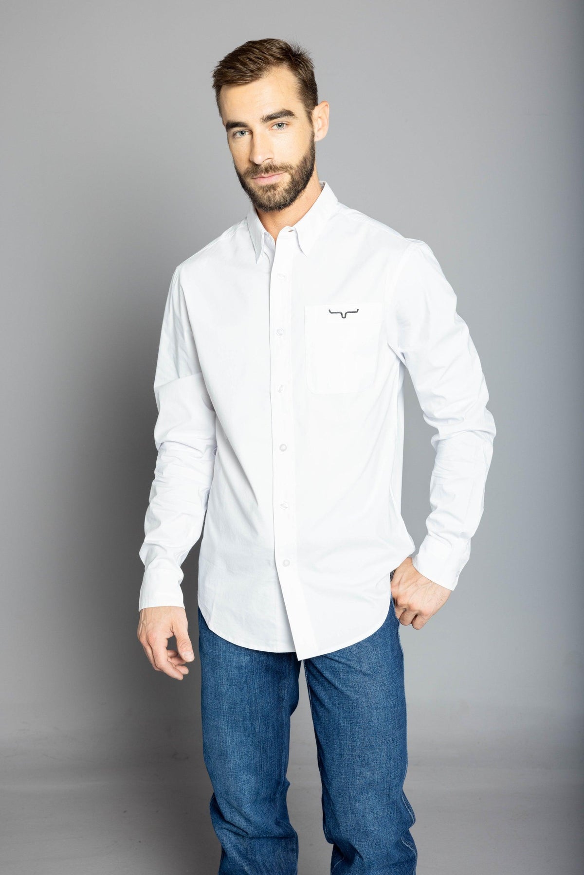 Kimes Ranch KR Team Dress Shirt (Long) in White with a button-down collar and chest pocket with logo