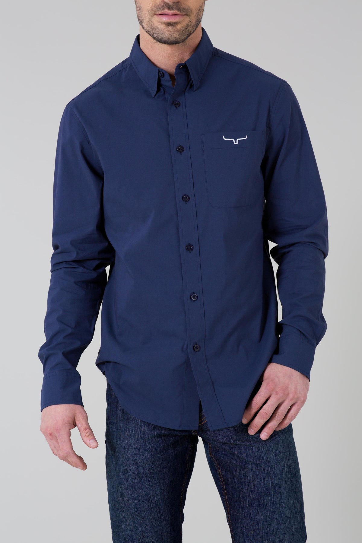 Kimes Ranch KR Team Dress Shirt in Navy with long sleeves and a chest pocket featuring the Kimes Ranch logo