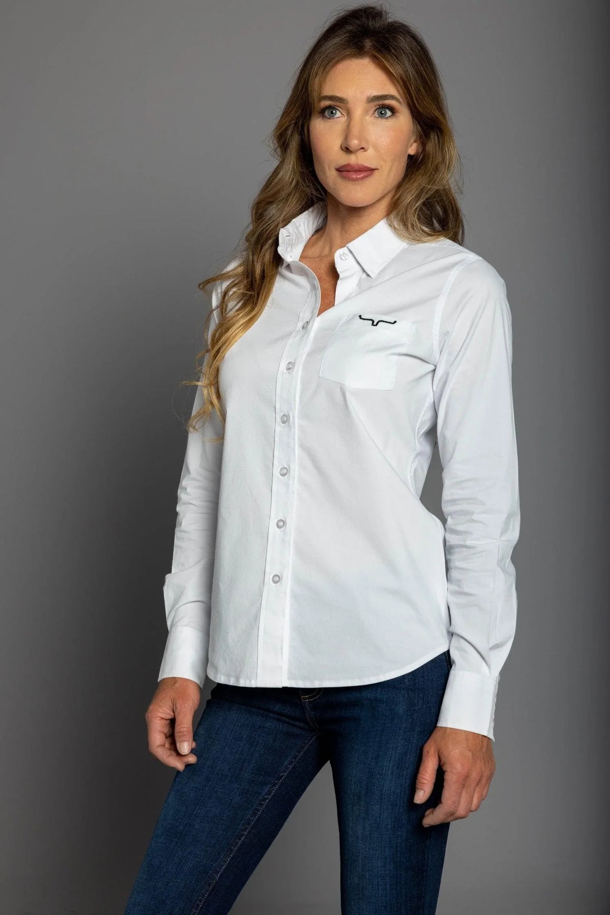 Kimes Ranch Ladies KR Team Shirt (Long) in White with long sleeves and a chest pocket featuring the Kimes Ranch logo