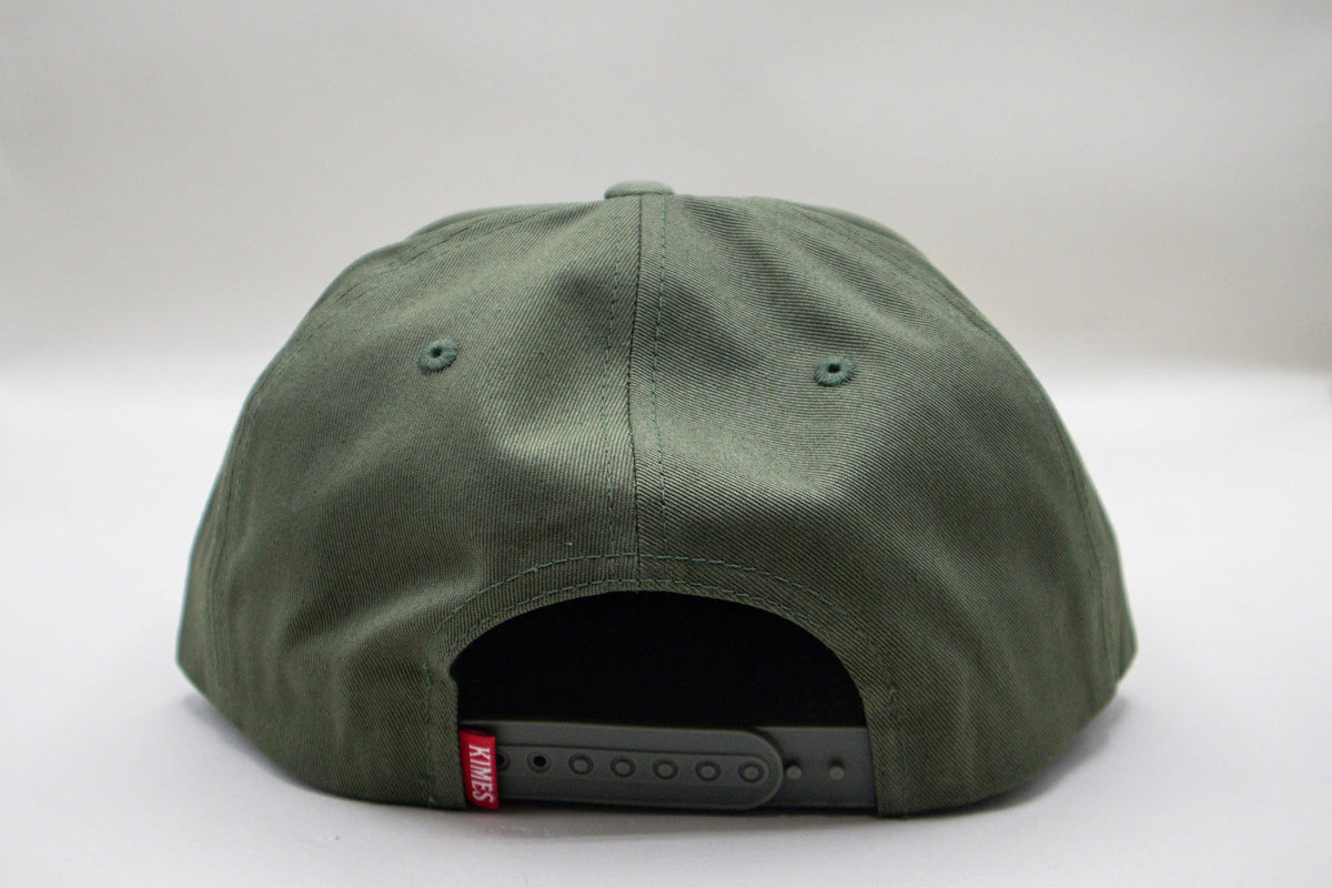 Kimes Ranch Kubo hat in Army, back view, with adjustable strap and red Kimes Ranch logo tag