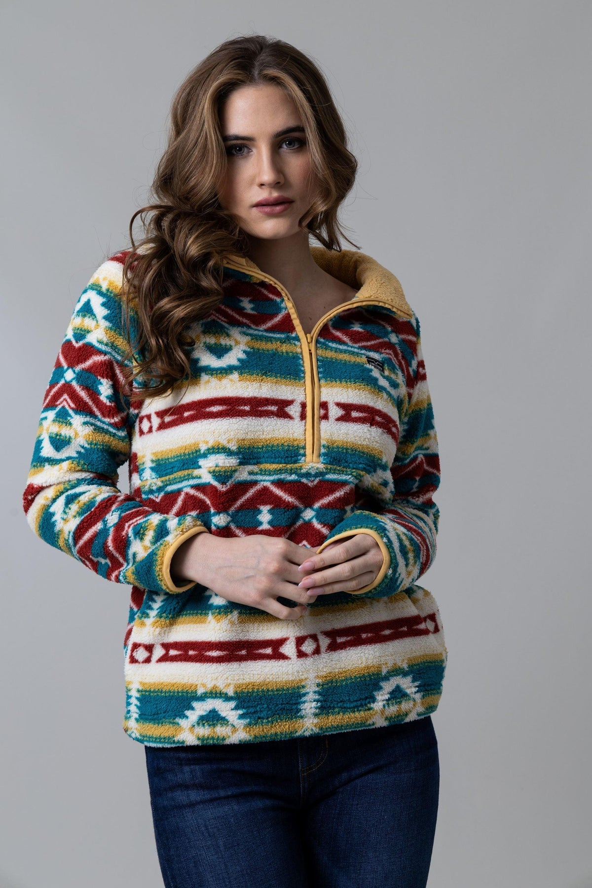Kimes Ranch Roswell Polar Fleece sweatshirt in Matcha with a geometric pattern and yellow half-zip
