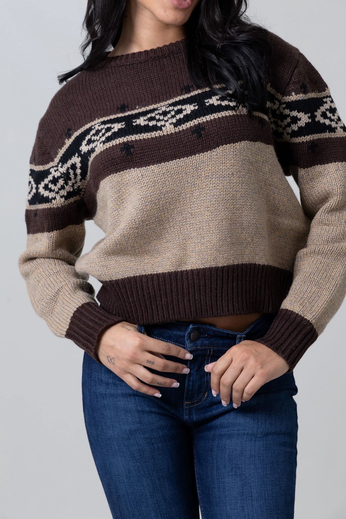 Kimes Ranch Chama Crew sweater in Work Wear Brown with a tan yoke and a black and tan patterned band