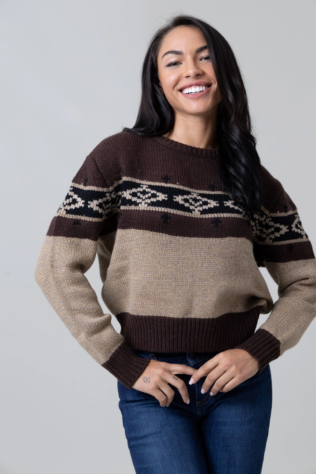 Kimes Ranch Chama Crew sweater in Work Wear Brown with a tan yoke and geometric pattern