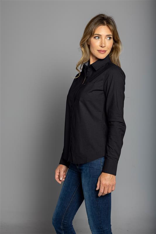 Kimes Ranch Ladies Linville top in Black, side view, with a classic collar and long sleeves
