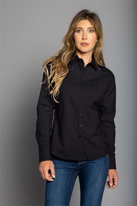 Kimes Ranch Ladies Linville long sleeve button-up top in Black with a chest pocket and logo
