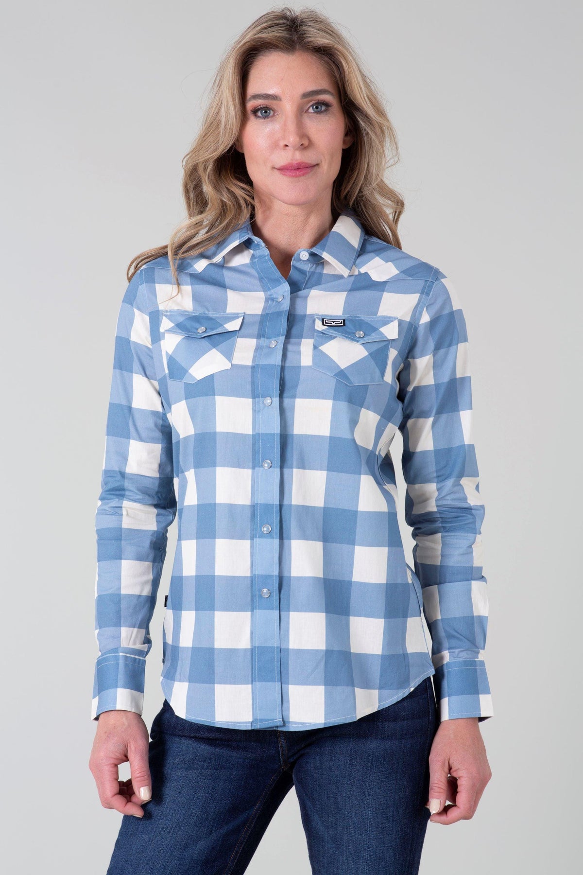 Kimes Ranch Ladies Malcom Buffalo Plaid top in Blue with long sleeves and two chest pockets