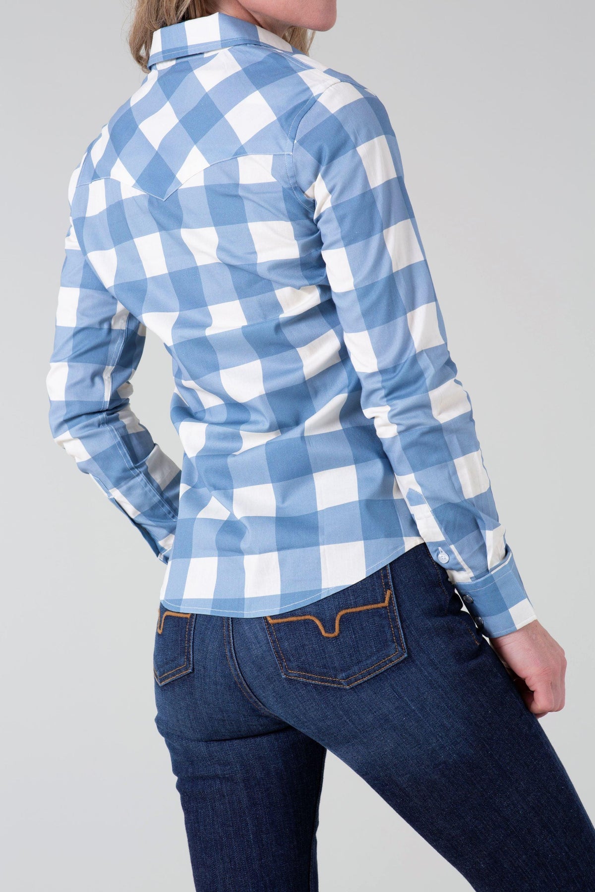Kimes Ranch Ladies Malcom Buffalo Plaid top in Blue, back view, with a back yoke and long sleeves