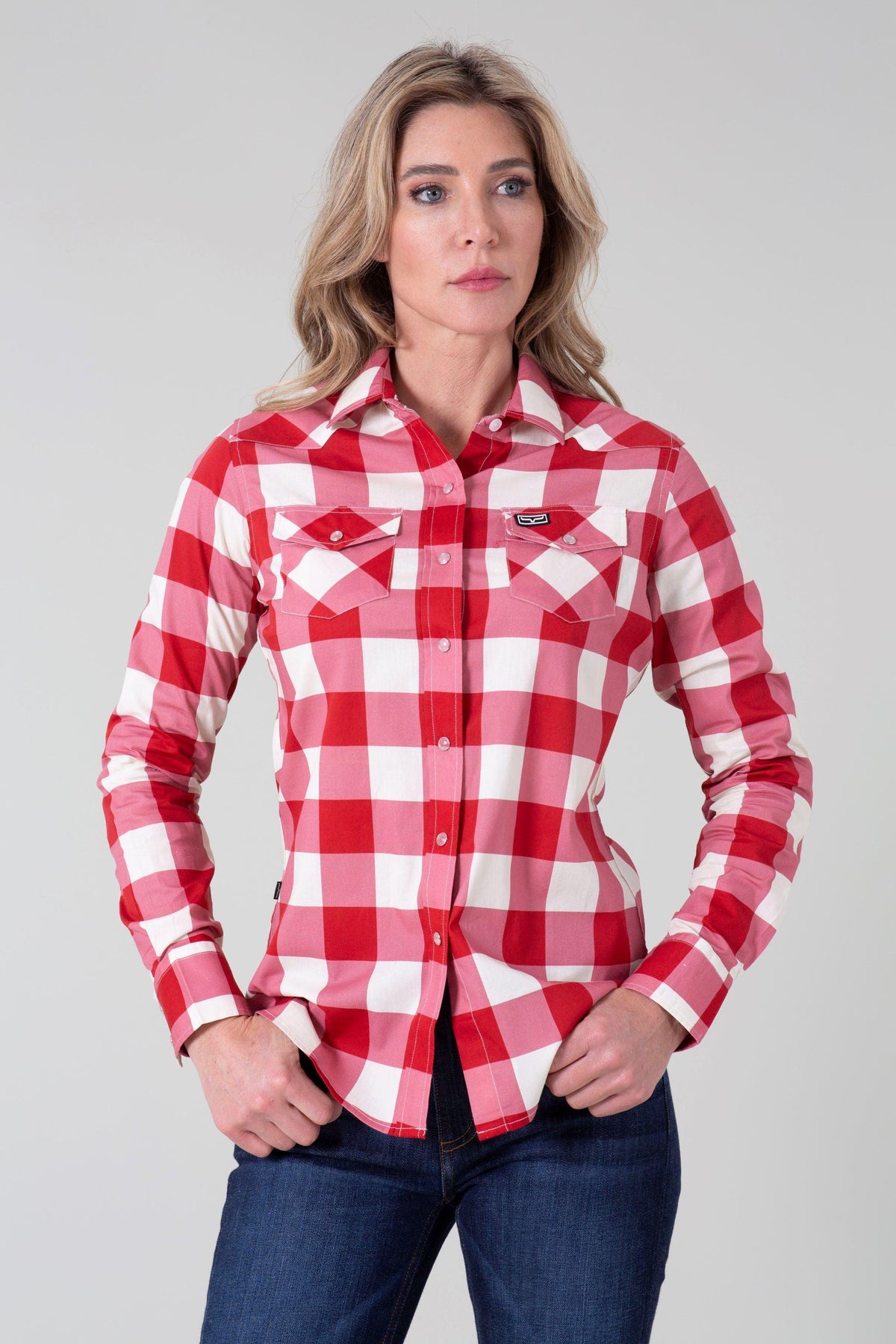 Kimes Ranch Ladies Malcom Buffalo Plaid top in Red with two chest pockets and a collar