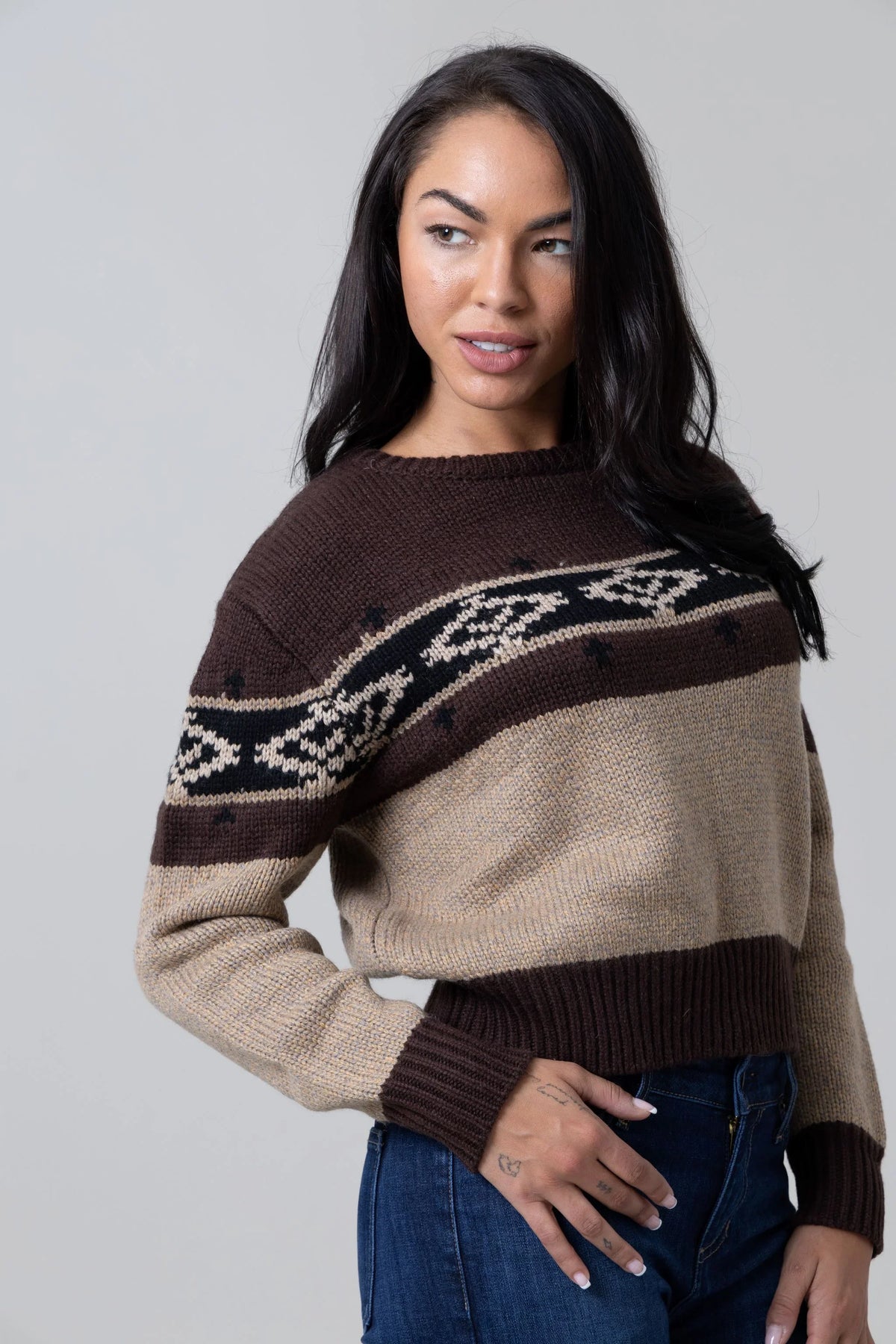 Kimes Ranch Chama Crew sweater in Work Wear Brown, side view, with a tan yoke and a black and tan geometric pattern