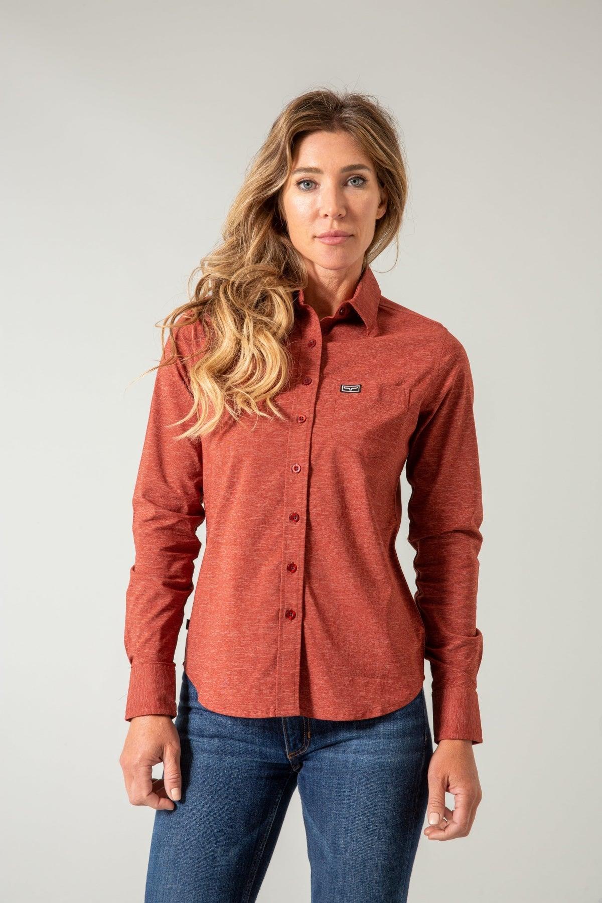 Kimes Ranch Ladies Linville long sleeve button-up top in Dark Red with a chest pocket and logo