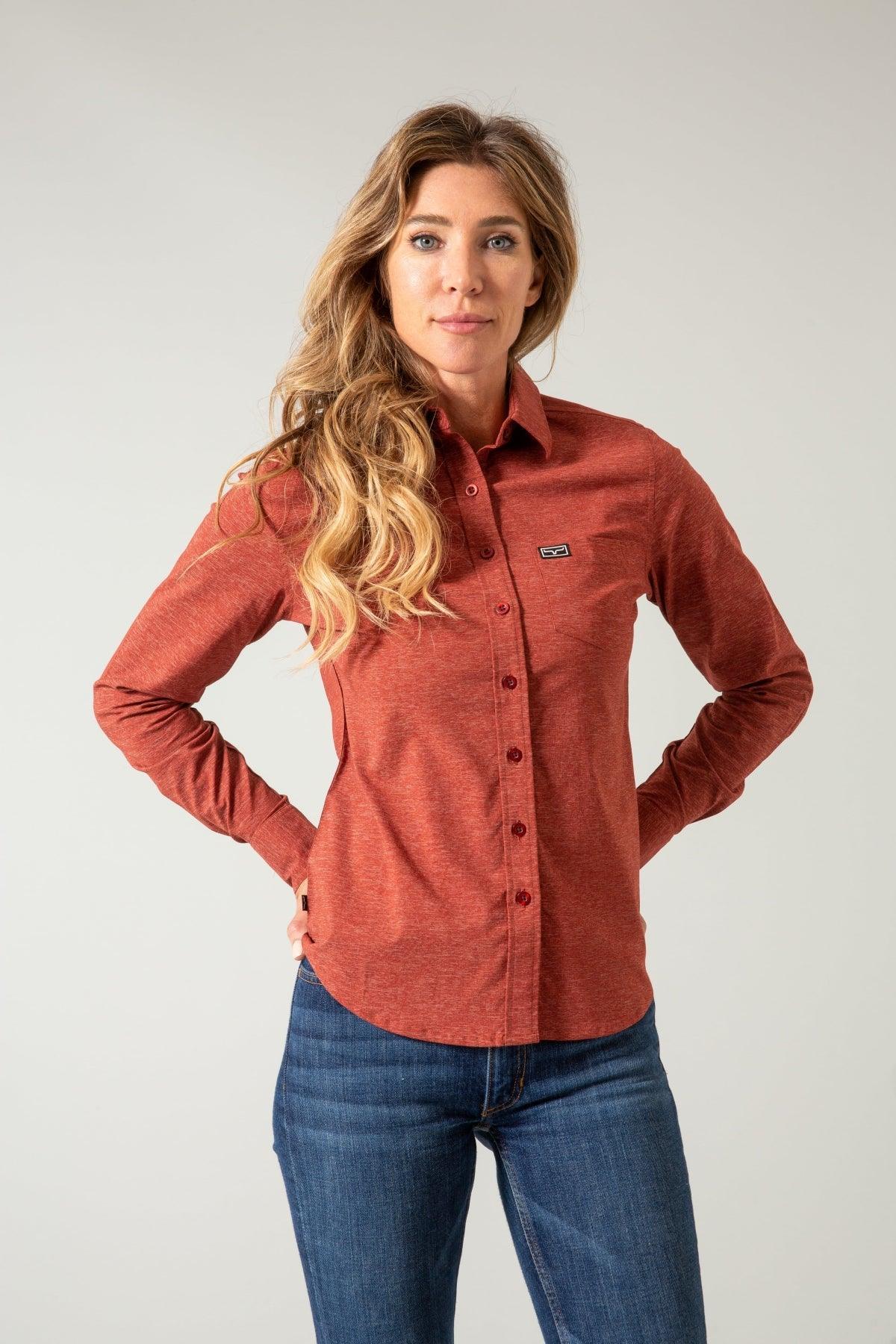 Kimes Ranch Ladies Linville long sleeve button-up top in Dark Red with a chest pocket and logo