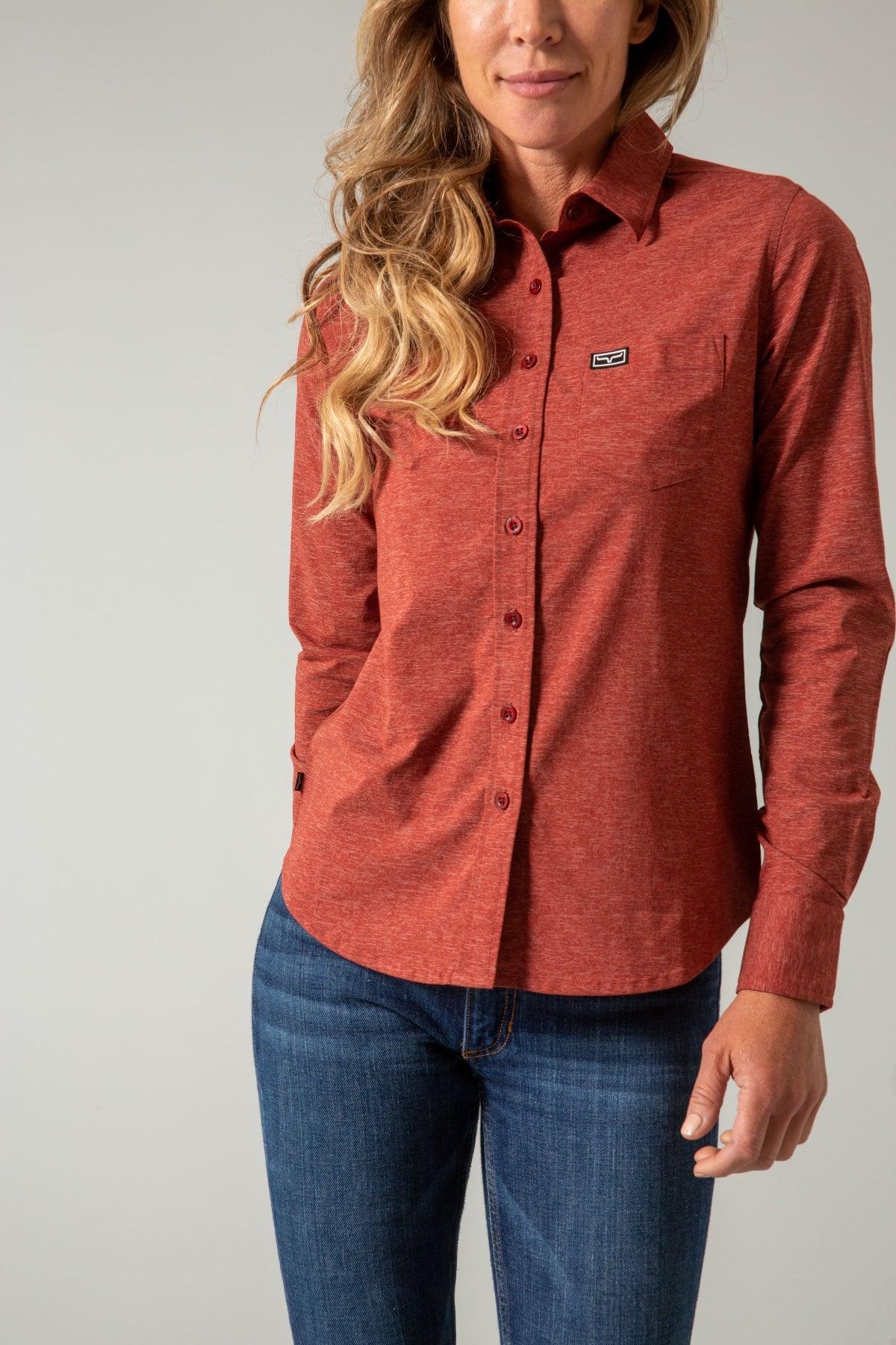 Kimes Ranch Ladies Linville long sleeve button-up top in Dark Red with a chest pocket and logo