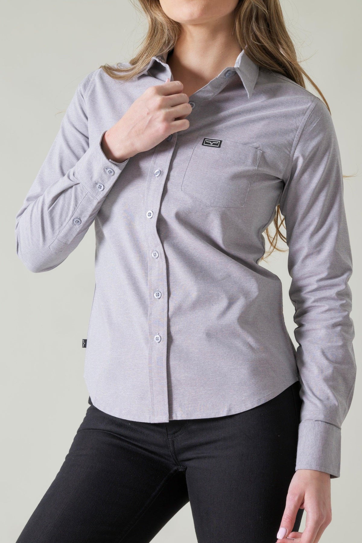 Kimes Ranch Ladies Linville Grey long sleeve button top with chest pocket and logo