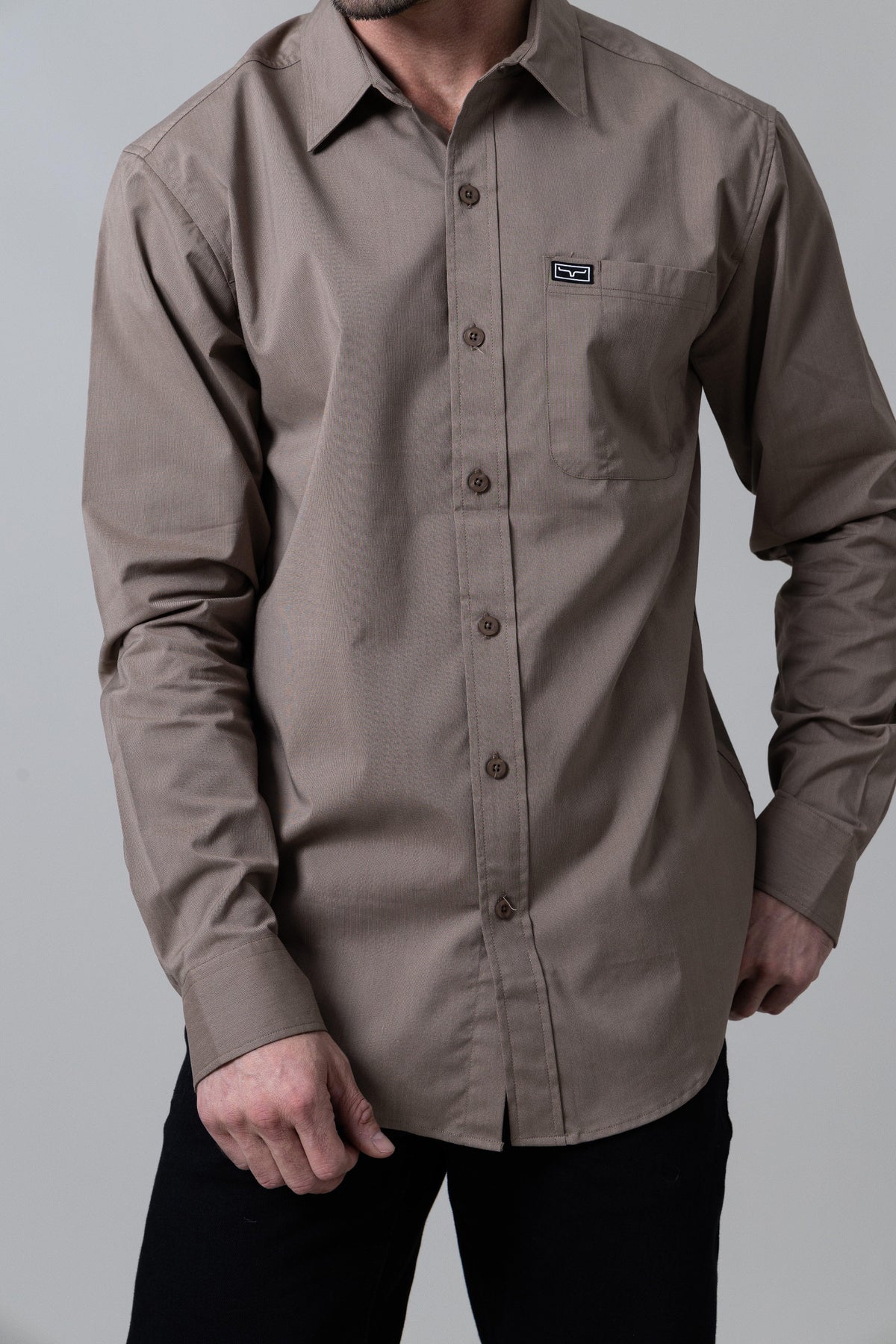 Kimes Ranch Linville Long Sleeve Dress Shirt in Taupe with a chest pocket and Kimes Ranch logo