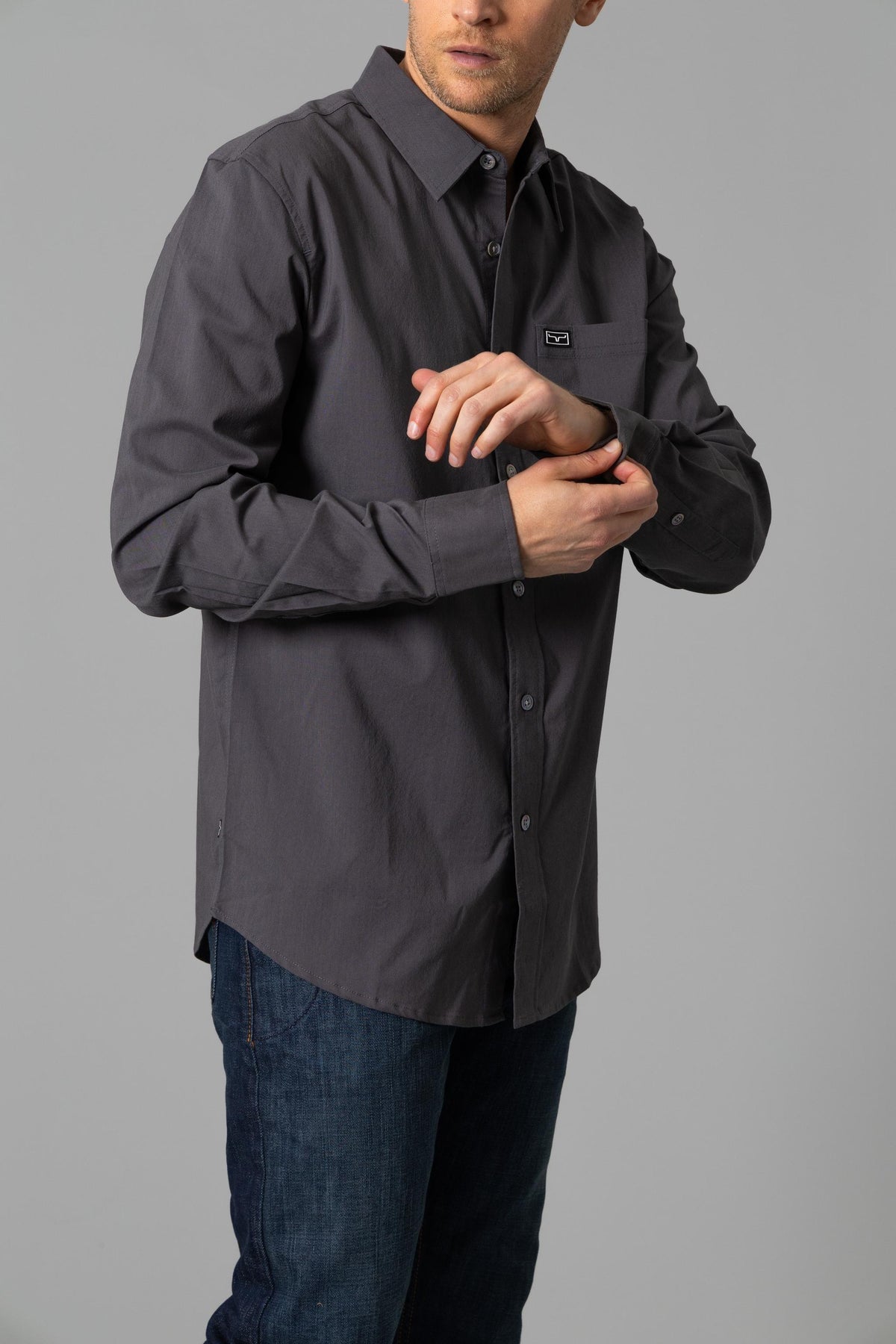 Kimes Ranch Linville Long Sleeve Dress Shirt in Pewter with a chest pocket and Kimes Ranch logo