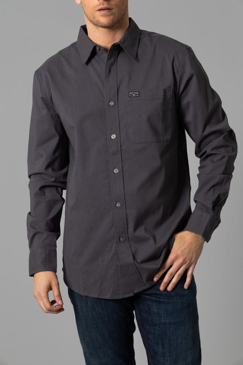 Kimes Ranch Linville Long Sleeve Dress Shirt in Pewter with a button front and chest pocket with logo