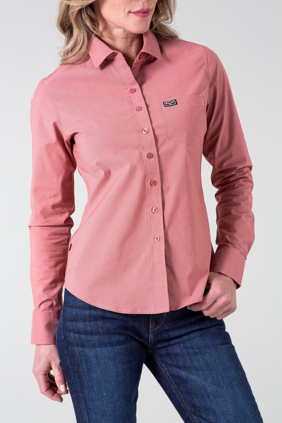 Kimes Ranch Ladies Linville long sleeve button-up top in Red with a chest pocket and logo patch