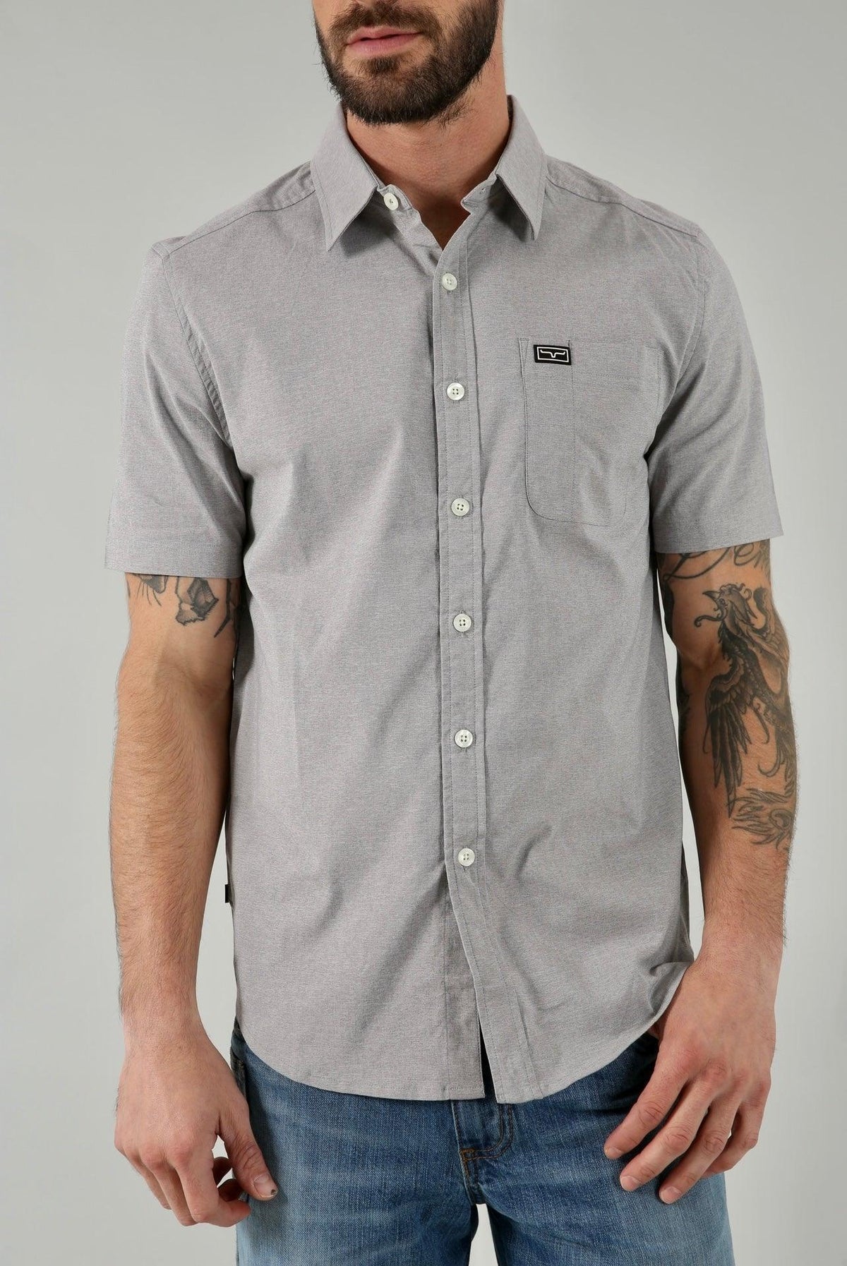 Kimes Ranch Linville Short Sleeve Dress Shirt in Grey Heather with a chest pocket and logo patch