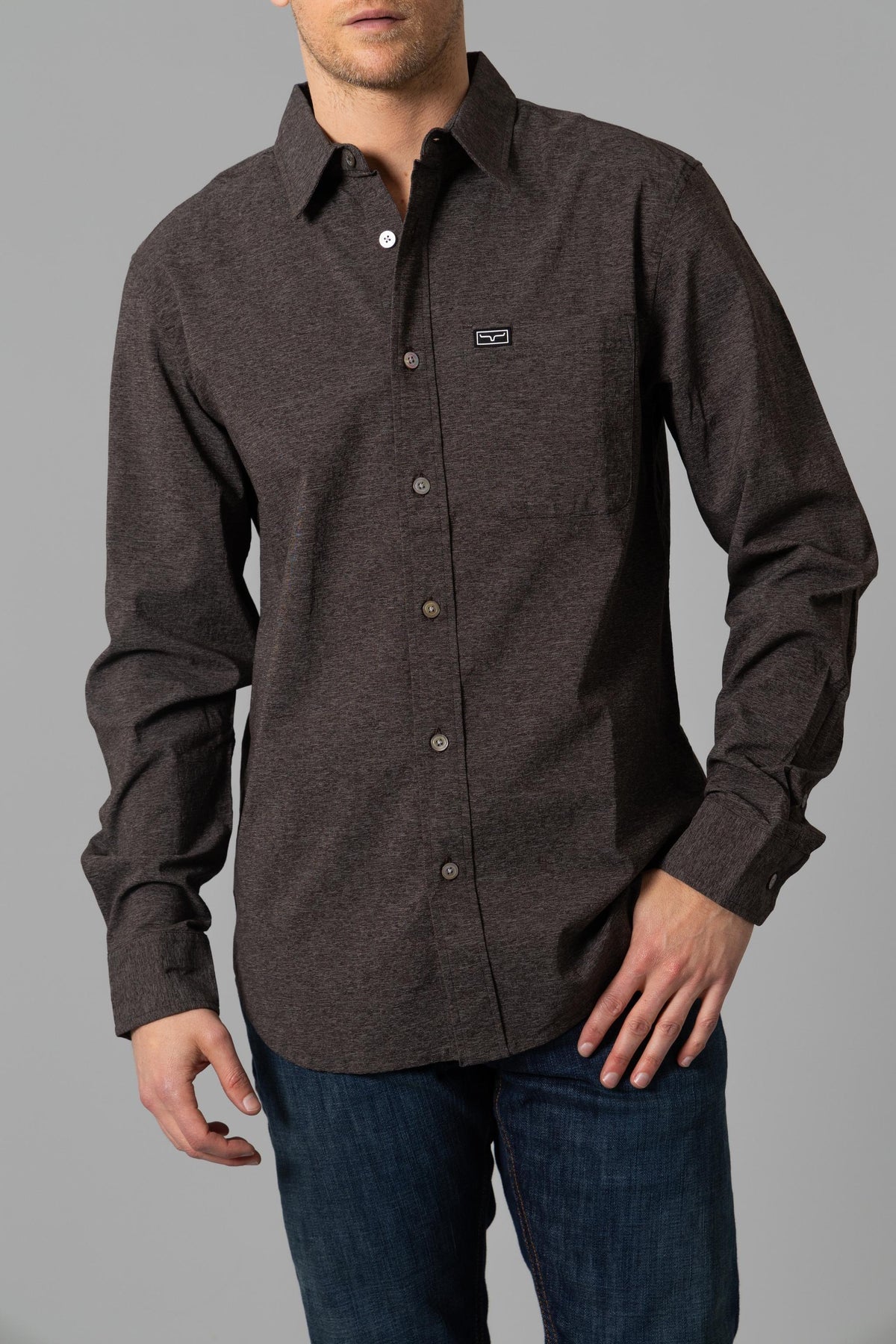 Kimes Ranch Linville Long Sleeve Dress Shirt in Tobacco with a button-down collar and chest pocket